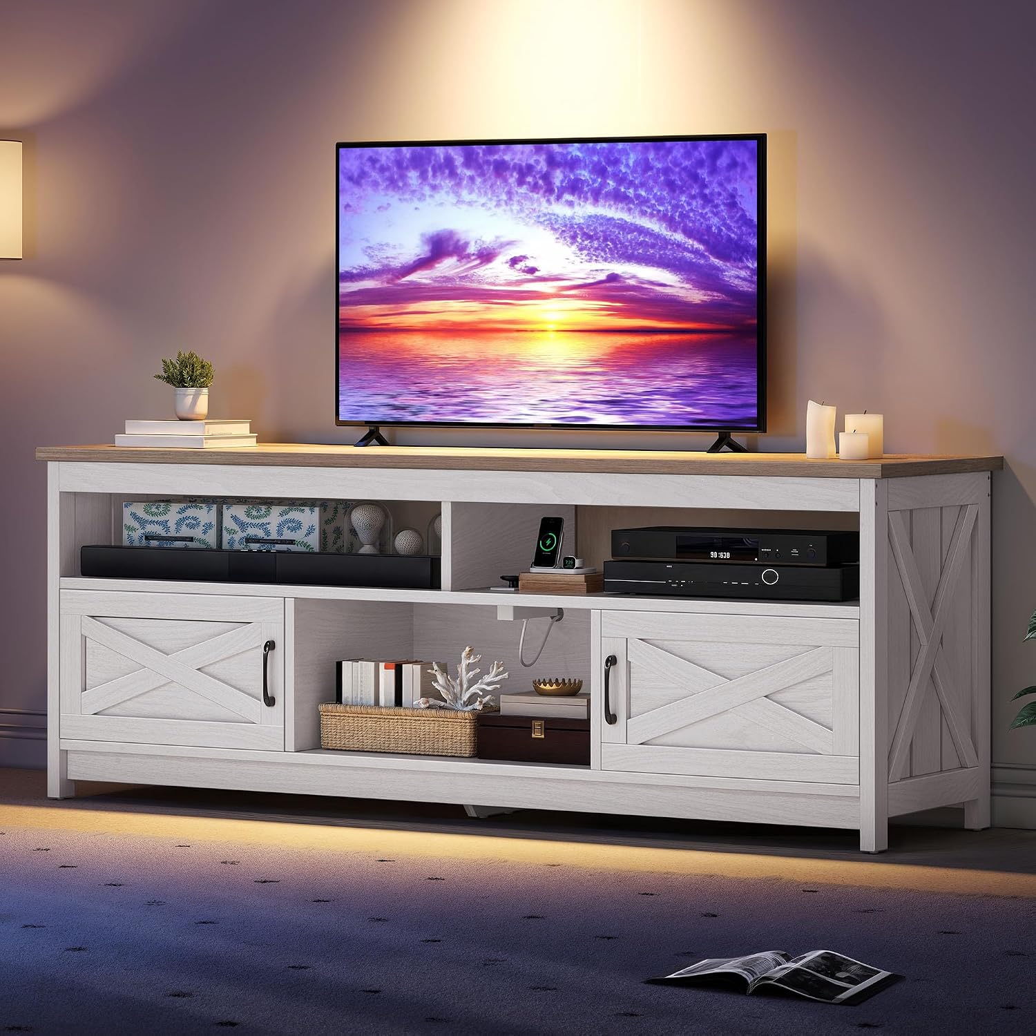 YITAHOME Farmhouse TV Stand for 65/75 Inch Television, Entertainment Center Television Stand with Power Outlets and Open Shelf, Media Console TV Cabinet for Living Room, Grey White/Grey Wash