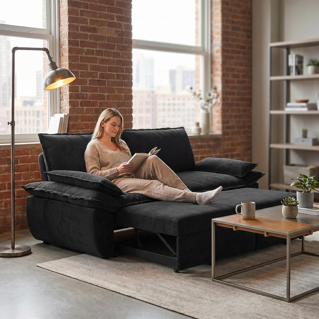 73.2' Sofa Bed Queen, 3-in-1 Pull Out Sofa Bed with Pillow Armrest, Modern Velvet Convertible Sleeper Futon Sofa for Living Room Small Space, Apartment, Bedroom, Black