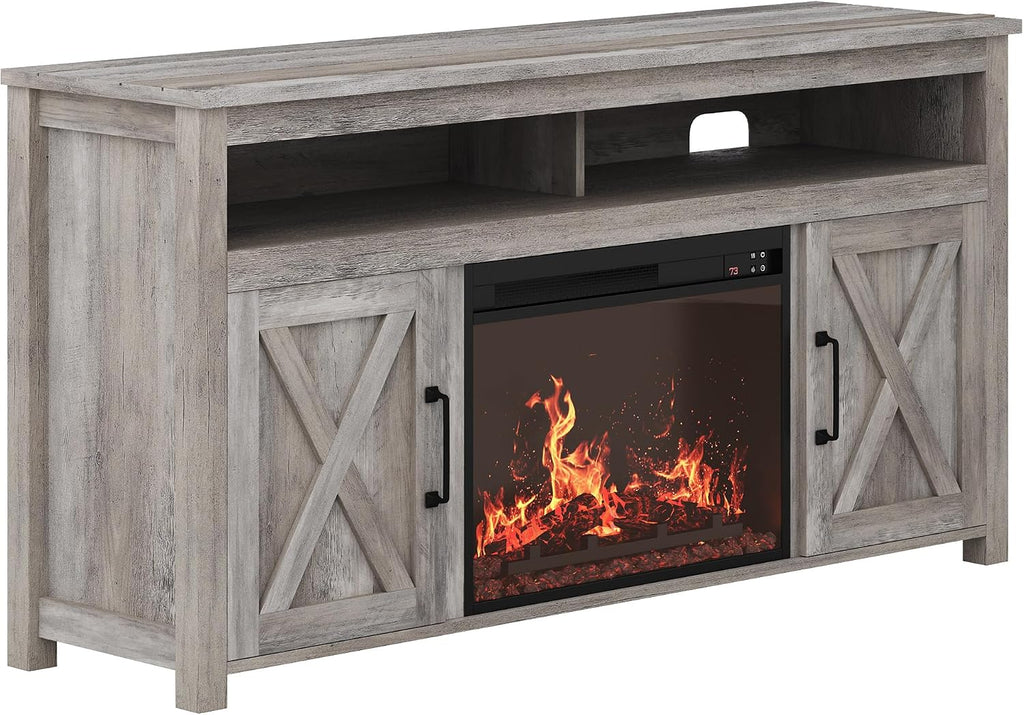 BELLEZE 58' Farmhouse Fireplace TV Stand for TVs up to 65', 23' Electric Fireplace Heater with Sound, Entertainment Center Media Console Table Barn Door Storage Cabinets for Living Room -Gray