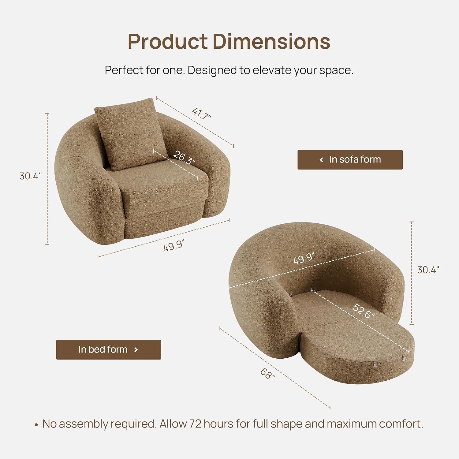 SICOTAS 49.9' Curved Convertible Sofa Couch Bed for Living Room Futon Cloud Boneless Sleeper Chair Pull Out Floor Couch with Deep Seat Single Sofa Foam Lounger No Assembly for Bedroom Apartment, Brown