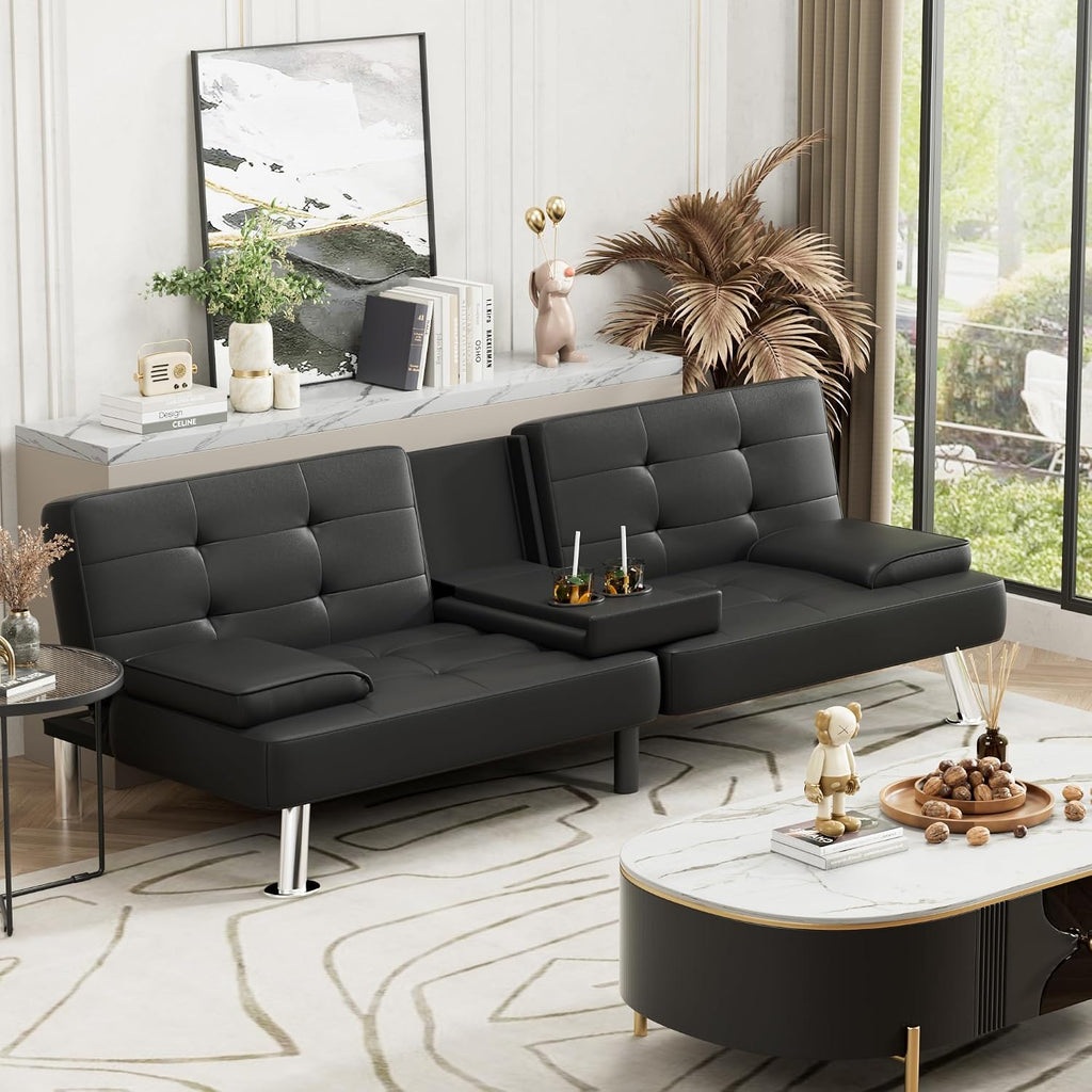 JUMMICO Faux Leather Futon Sofa Bed Futon Couch with Removable Armrests Adjustable Sleeper Sofa Bed with 2 Cup Holders for Living Room (PU Leather, Black)