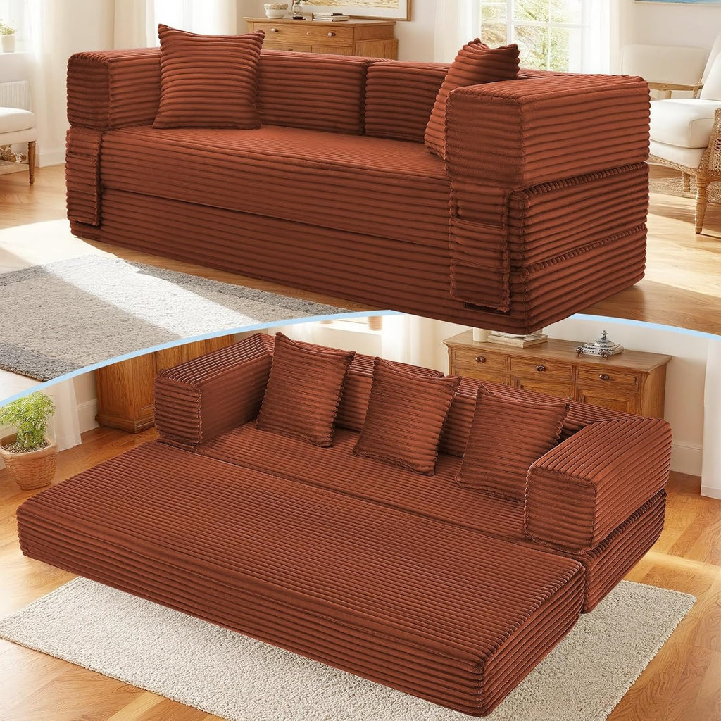 Convertible Sofa Bed,5-in-1FoldIing Couch Bed with Removable Armrests,Modular Futon Sleeper Sofa in Box with Pull Out Beds,Compression Boneless Couch for Living Room,Orange