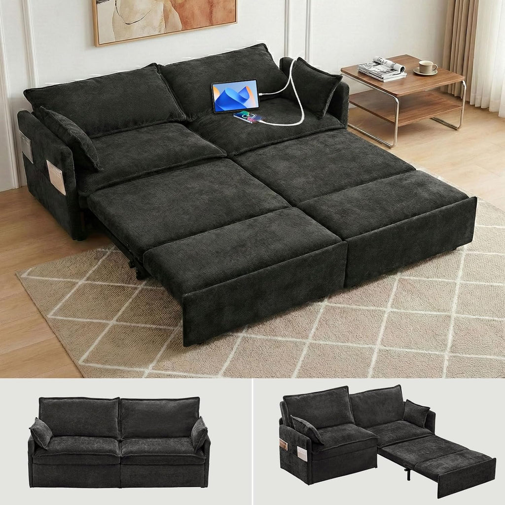 CAPCAEK 72' Futon Sofa Bed King Size, 3-in-1 Pull Out Couch Convertible Sleeper Sofa with USB Ports and Side Pocket, Modern Corduroy Loveseat Couch for Living Room,Small Space,Apartment,Bedroom,Black