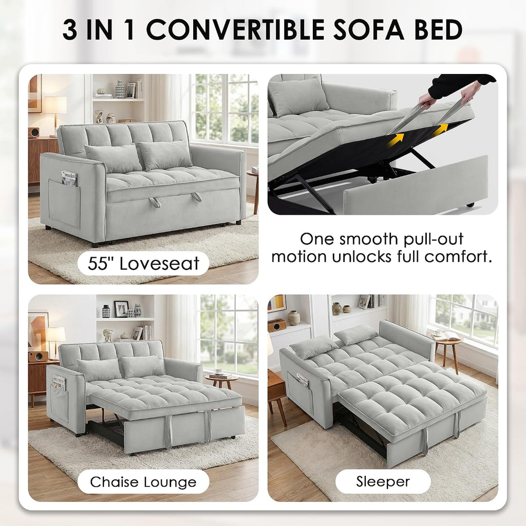3 in 1 Convertible Sleeper Sofa Bed, 55' Pull Out Couches, Modern Loveseat Sleeper Sofa with Adjustable Reclining Backrest & Side Pockets for Living Room, Velvet Fabric, Grey
