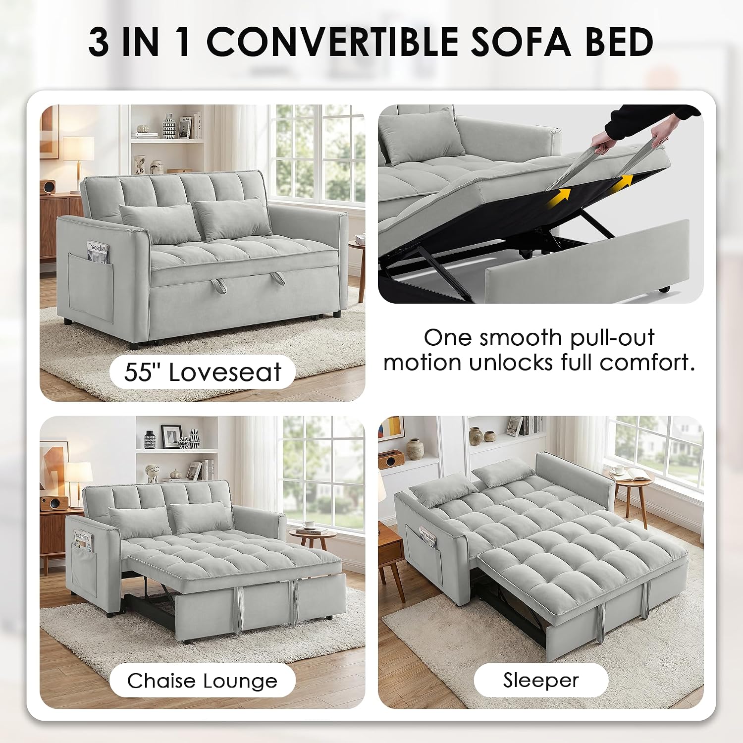 3 in 1 Convertible Sleeper Sofa Bed, 55' Pull Out Couches, Modern Loveseat Sleeper Sofa with Adjustable Reclining Backrest & Side Pockets for Living Room, Velvet Fabric, Grey