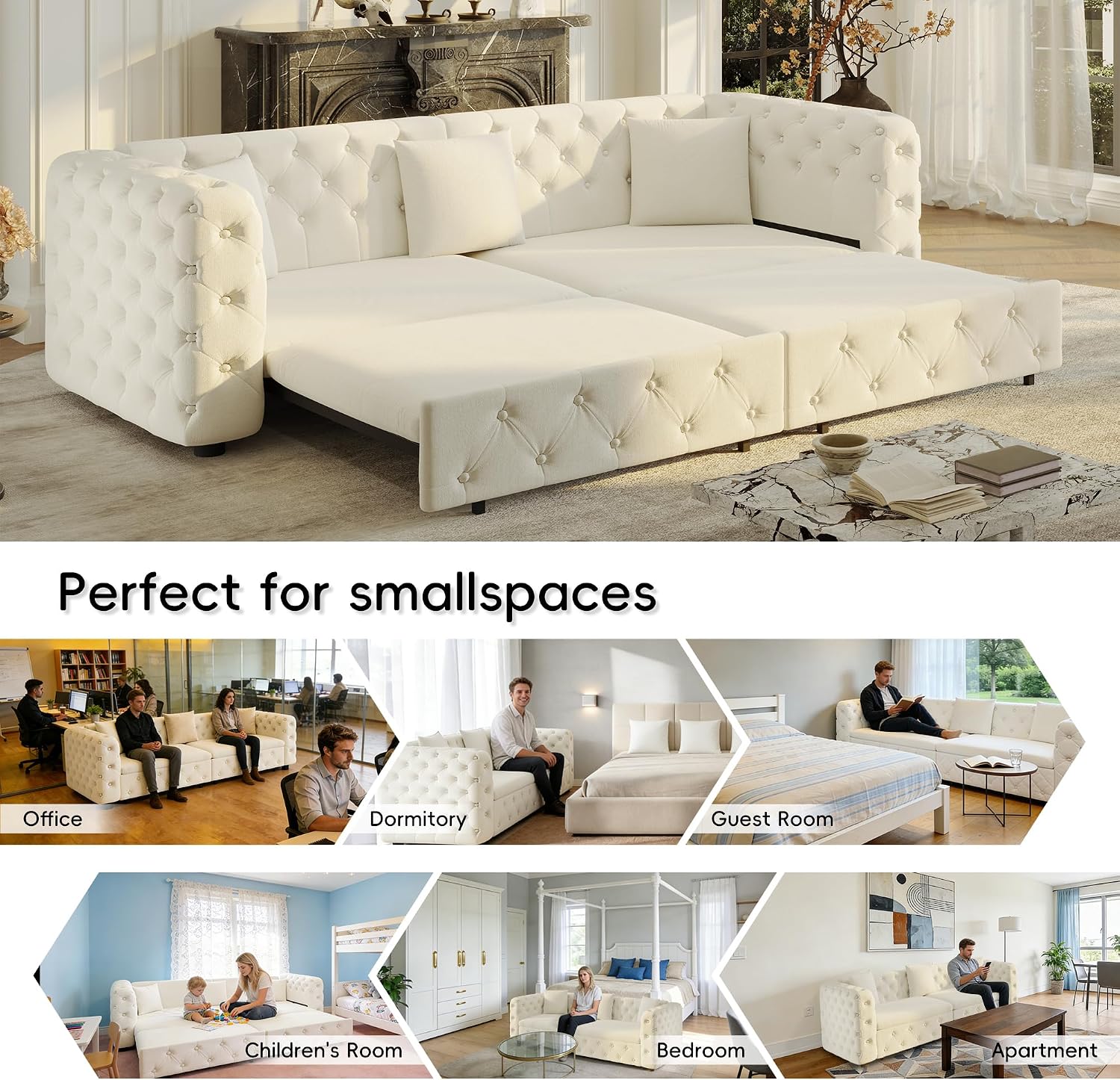 89' Pull Out Sofa Bed King Size, Velvet Chesterfield Sleeper Sofa Couch, 3 in 1 Convertible Recliner, Modern Tufted Deep Seat Couches for Living Room, Small Space, Apartment, Cream Beige