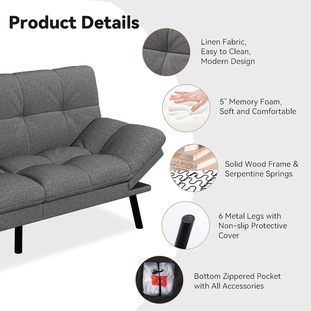 Convertible Futon Sofa Bed,71' Memory Foam Futon Couch,Detachable Cushion,Adjustable Backrest & Armrest,Linen Modern Loveseat Sleeper Recliner for Living Room,Office,Apartment,Mist Grey
