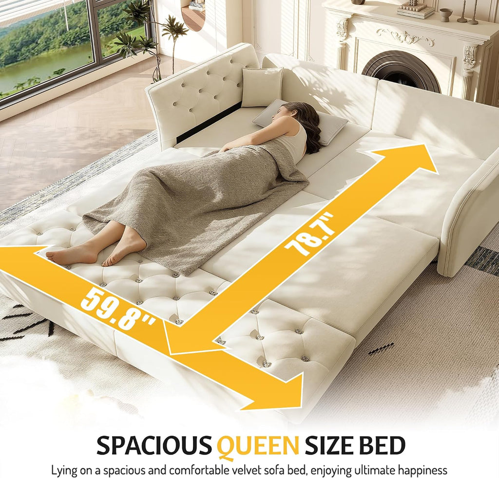 74.4'' Sleeper Sofa Bed Queen Size, Flower Tufting Pull Out Couch, Velvet Chesterfield Futon Couches, Comfy Convertible Sofa, Modern Loveseat, 2 Pillows for Living Room, Apartment, Beige