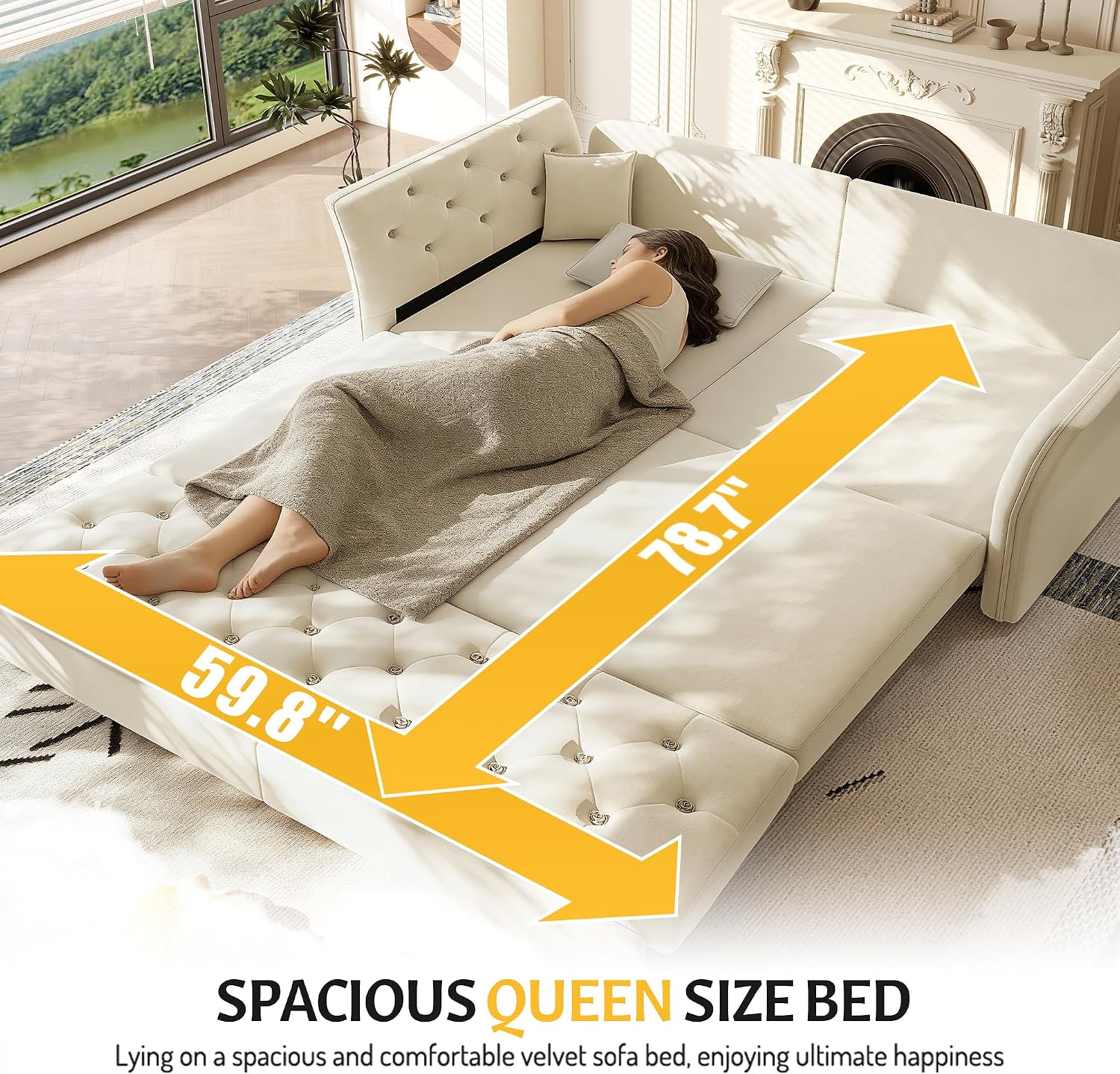 74.4'' Sleeper Sofa Bed Queen Size, Flower Tufting Pull Out Couch, Velvet Chesterfield Futon Couches, Comfy Convertible Sofa, Modern Loveseat, 2 Pillows for Living Room, Apartment, Beige