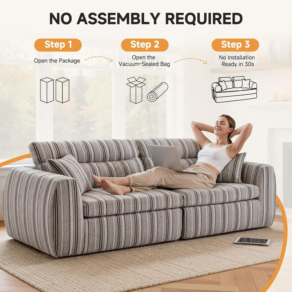 111' Modular Boneless Couch for Living Room, Pet Friendly Chenille Woven Sofa, Split-to-2 Chairs or Lounge Setup, 2-Piece Compressed Sofa in a Box, No Assembly, 1200 lb Total,Black & White