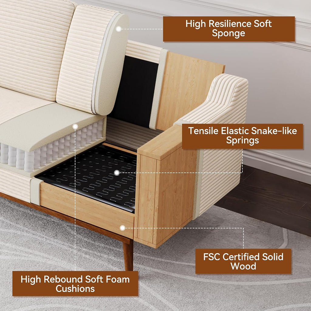 65.4' Loveseat Sofa,Comfy Cream White Corduroy Love Seat Couches for Living Room,Mid Century Modern Small Couch for Bedroom Office with Spring Cushion,Solid Wood Frame,Tool-Free Assembly