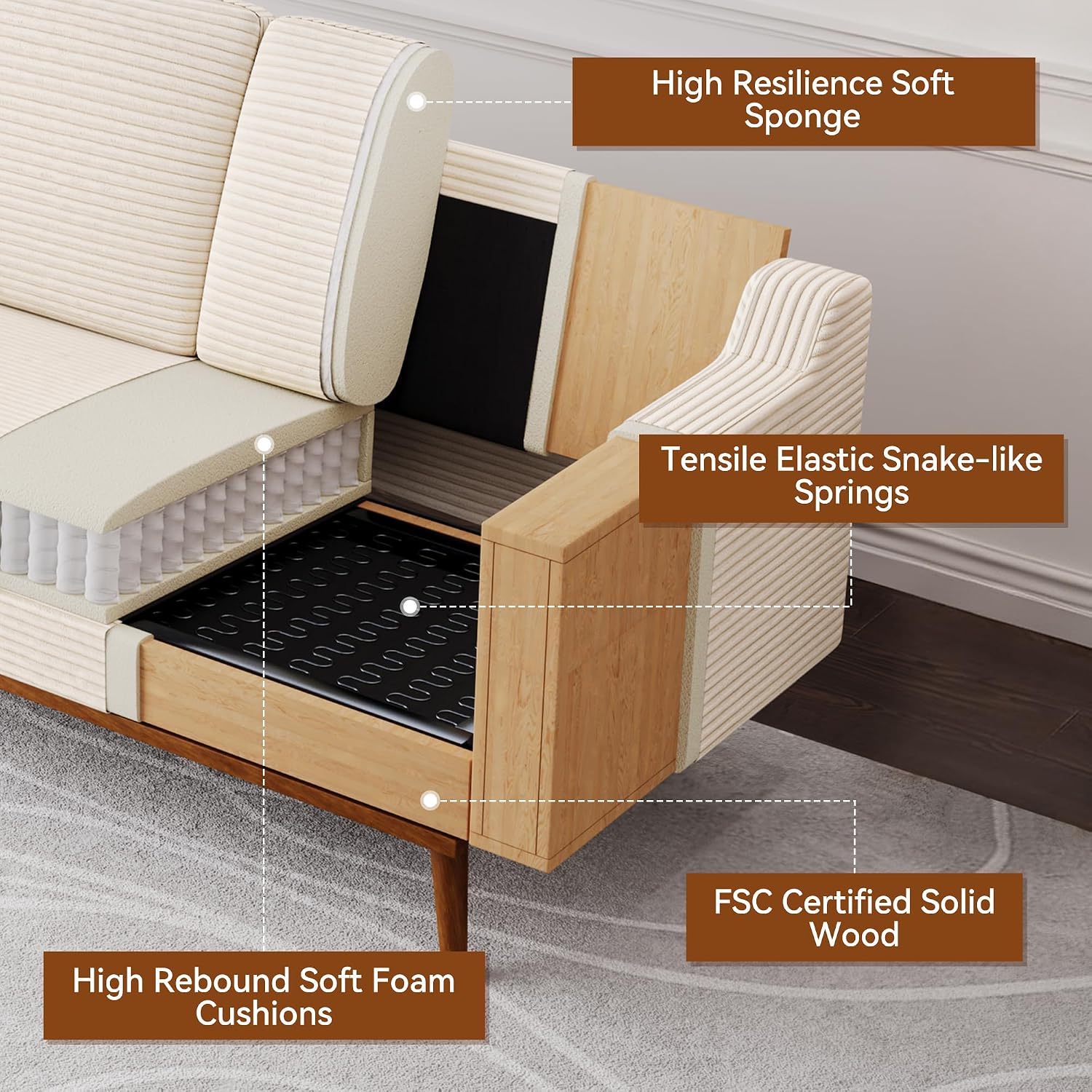 65.4' Loveseat Sofa,Comfy Cream White Corduroy Love Seat Couches for Living Room,Mid Century Modern Small Couch for Bedroom Office with Spring Cushion,Solid Wood Frame,Tool-Free Assembly