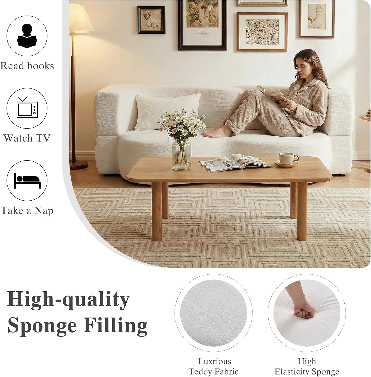 2-in-1 Convertible Sofa,78 Inch Folding Sofa Bed Pull Out Sofa with 2 Pilow Lazy Sofa, Teddy Loveseat Sleeper Floor Sofa for Apartment Children's Room Bedroom Living Room (Teddy, Beige)