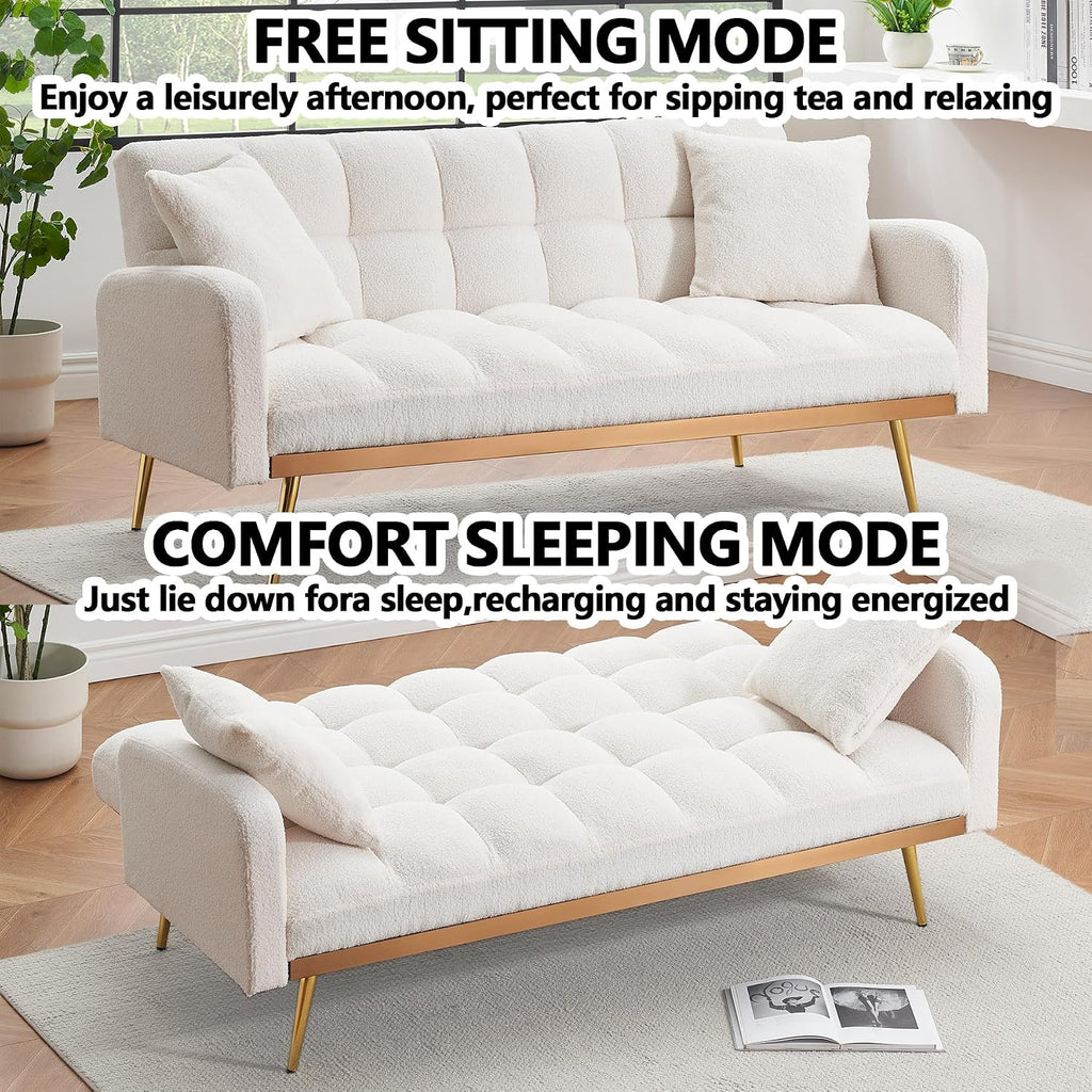 Comfy Futon Sofa Bed with 2 Pillows, White Futon Couch Bed with Gold Legs, Small Convertible Sofa Bed Couch for Living Room, Modern Loveseat for Bedroom, Curved Arms, Plush Tufted-Shaped,Teddy (Beige)
