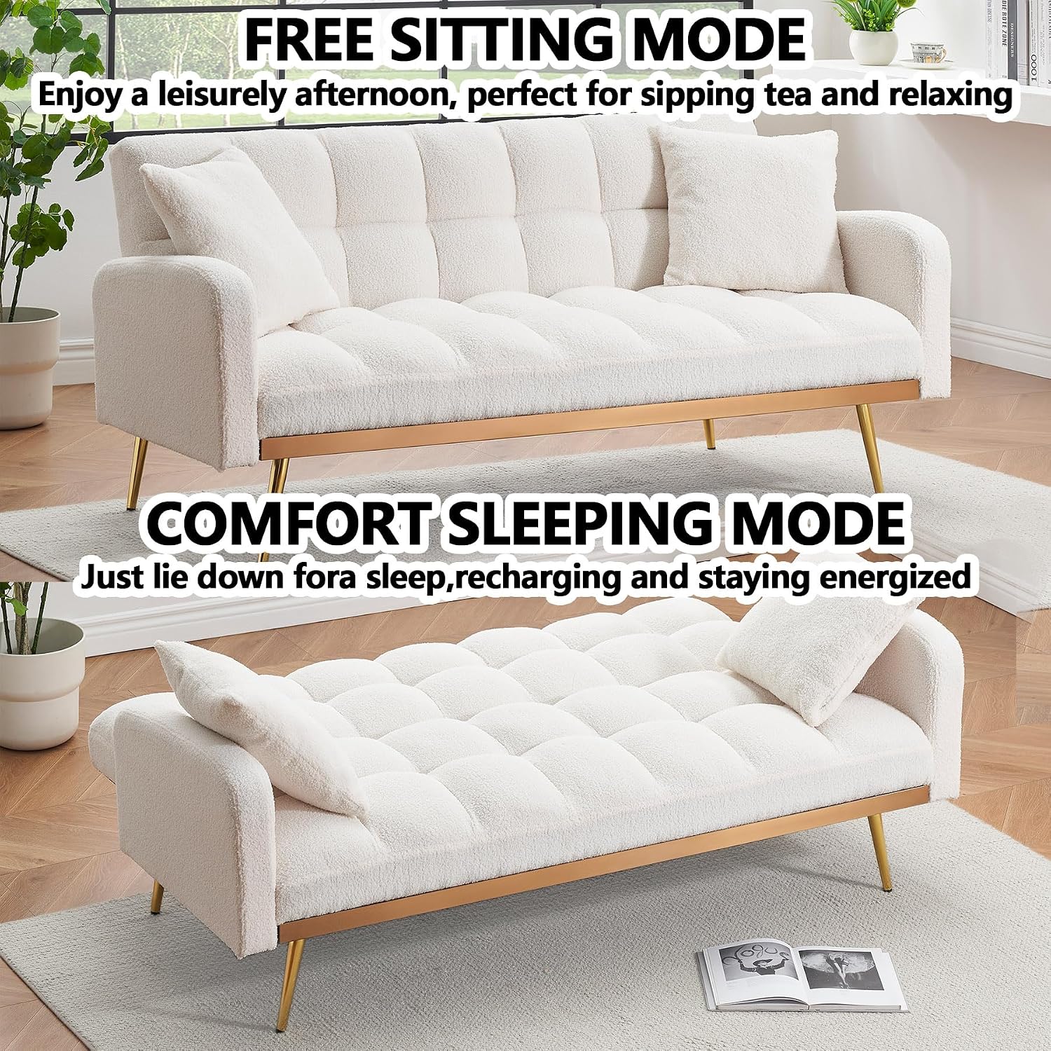 Comfy Futon Sofa Bed with 2 Pillows, White Futon Couch Bed with Gold Legs, Small Convertible Sofa Bed Couch for Living Room, Modern Loveseat for Bedroom, Curved Arms, Plush Tufted-Shaped,Teddy (Beige)