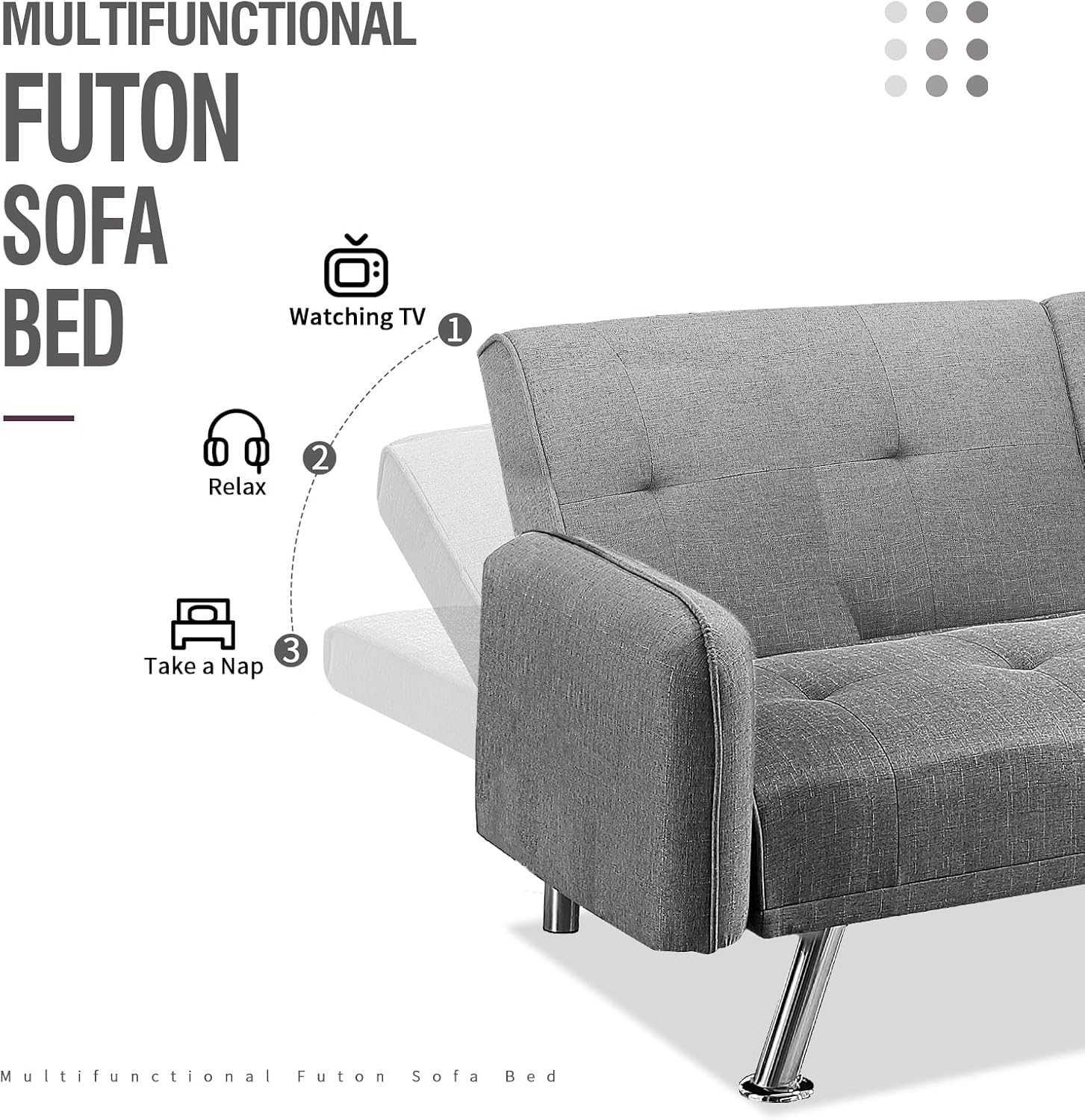 Futon Sofa Bed, Convertible Couch with 2 Cup Holders, Loveseat with Armrest for Studio, Apartment, Office, Living Room, Light Grey