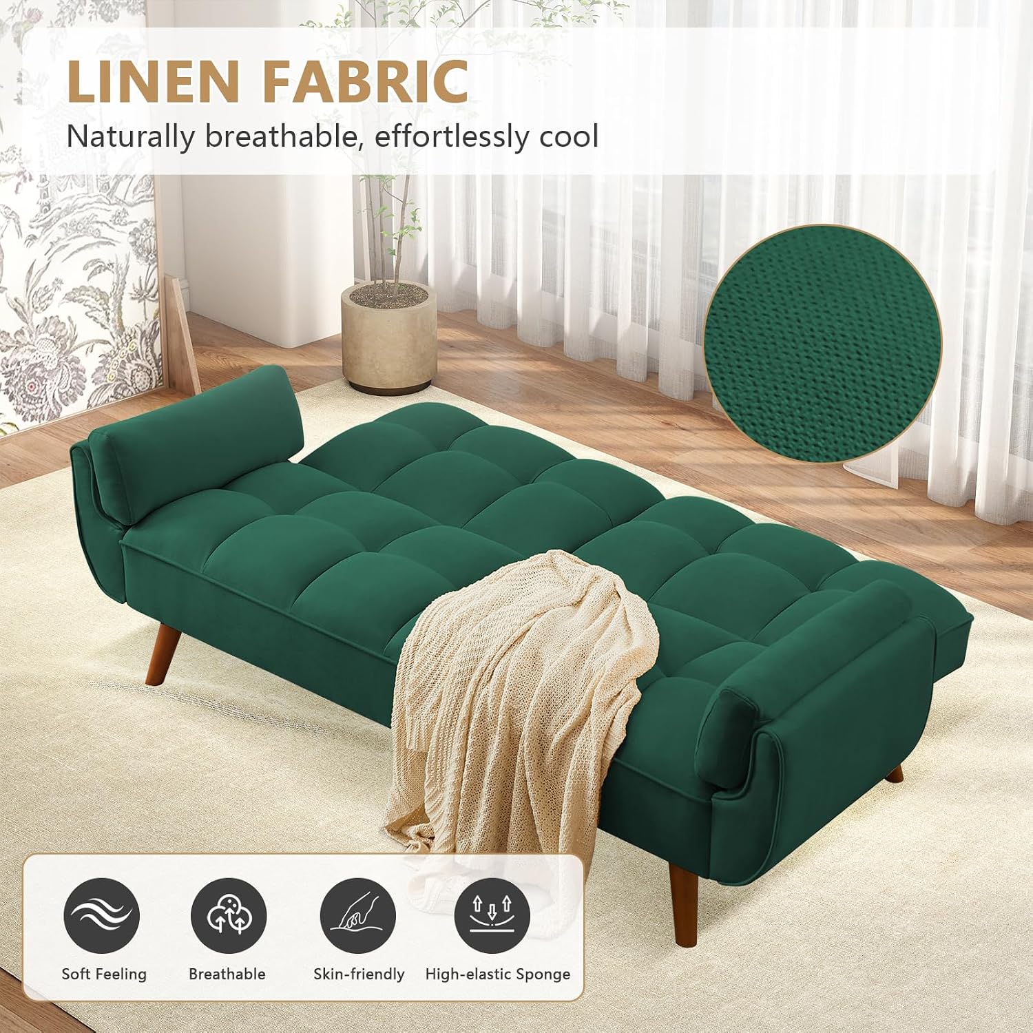 75' Convertible Futon Sofa Bed, Sleeper Couch Bed with Adjustable Backrest, Small Couches for Small Spaces, Living Room, Bedroom and Office (Green)