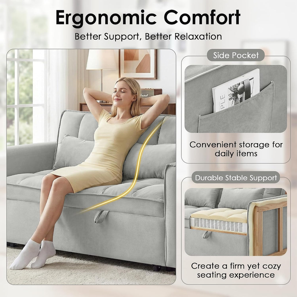 3 in 1 Convertible Sleeper Sofa Bed, 55' Pull Out Couches, Modern Loveseat Sleeper Sofa with Adjustable Reclining Backrest & Side Pockets for Living Room, Velvet Fabric, Grey