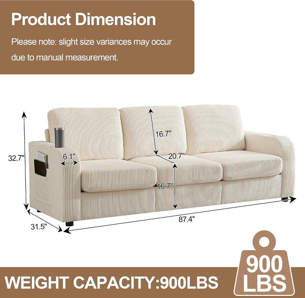 87.4' Oversize 3 Seater Couch, Upholstered Modern Sofa for Living Room, Comfy Deep Seat Loveseat Couch with Cup Holders,Corduroy Love Seat Sofa (Beige)