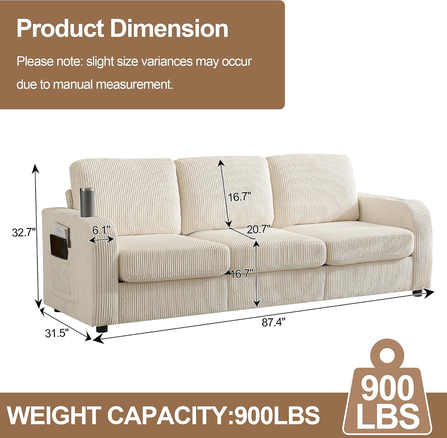 87.4' Oversize 3 Seater Couch, Upholstered Modern Sofa for Living Room, Comfy Deep Seat Loveseat Couch with Cup Holders,Corduroy Love Seat Sofa (Beige)