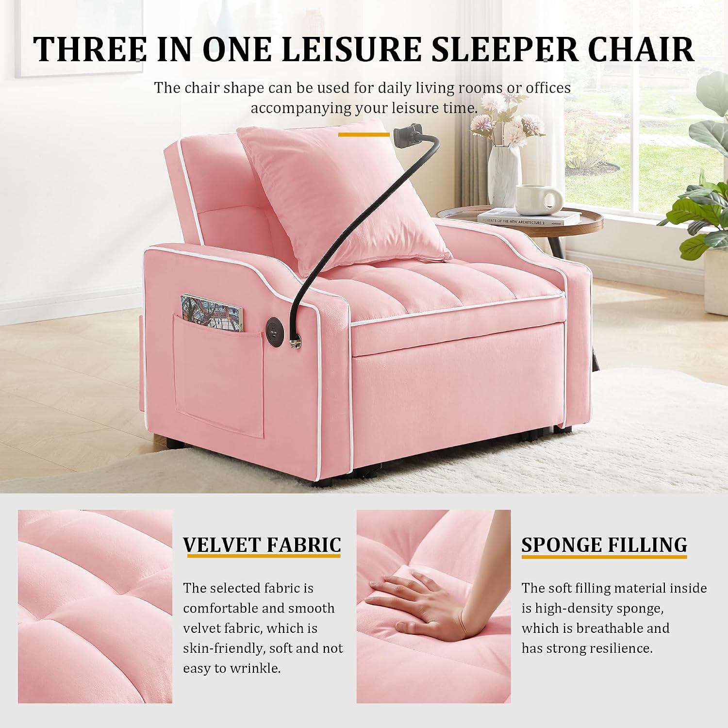 Convertible Single Sleeper Chair Bed,3 in 1 Velvet Futon Sleeper Sofa Bed with Phone Holder&USB Ports,Pull Out Couch Bed,Adjustable Recliner Armchair bed for Living Room,Office,Small Places(Pink)