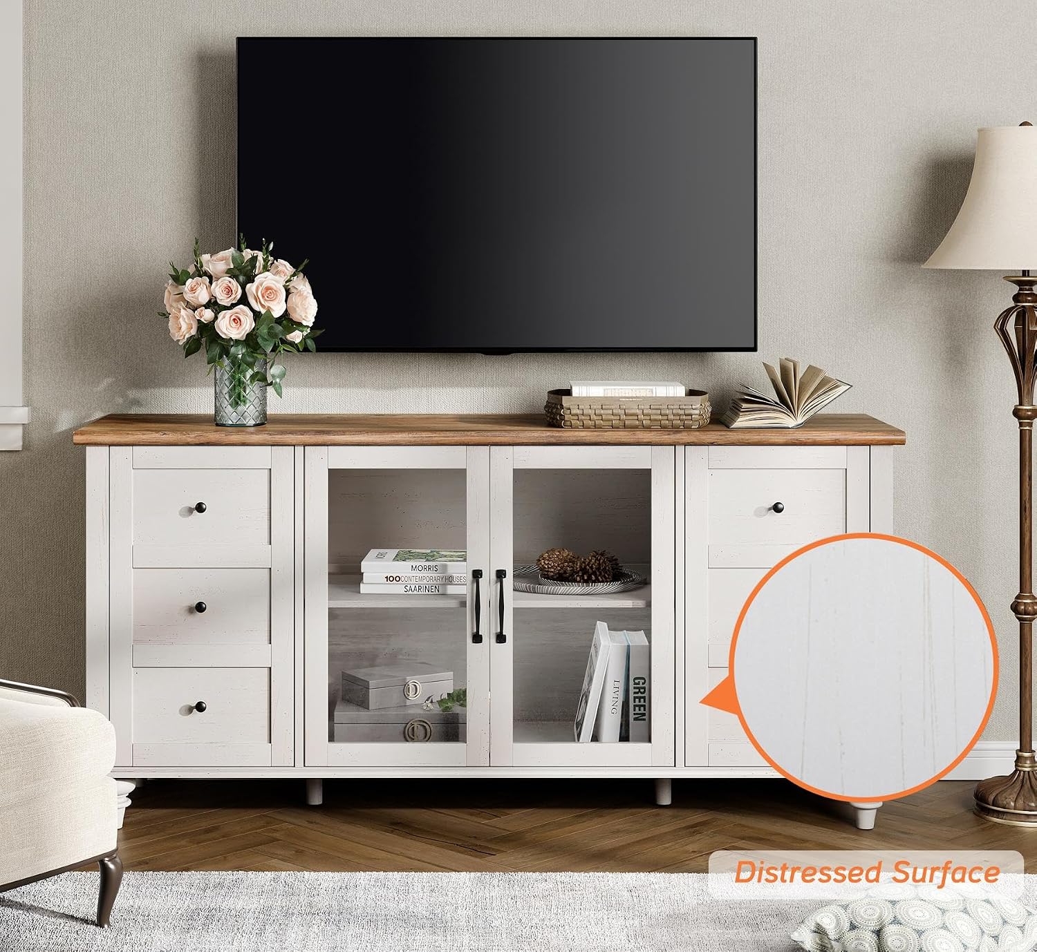 WAMPAT Farmhouse TV Stand for TVs Up to 65 inch, Glass Door TV Cabinet with Adjustable Shelf, Wooden Entertainment Center for 32-60 inch TV Console Table, Off White