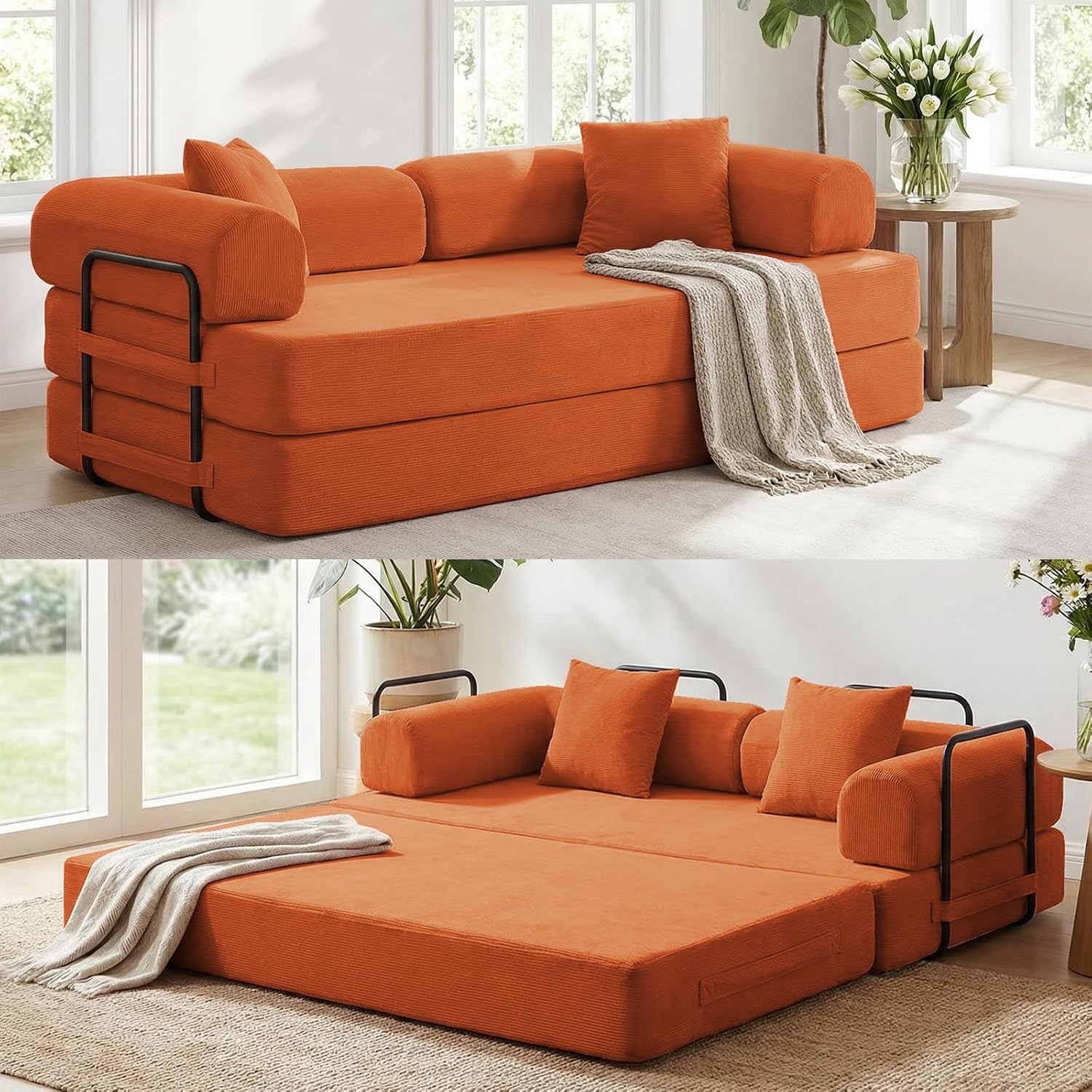 ijuicy 4-in-1 King Convertible Floor Sofa Bed w/ 2 Pillow,Modular Sleeper Sofa/Folding Futon Couch Bed w/Cylindrical Backrest and Fixed Frame,Lounge Couch,Corduroy Compression Sofas for Home-Orange