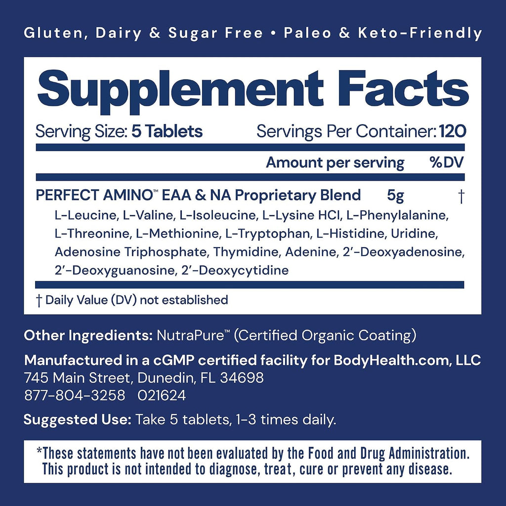 BodyHealth PerfectAmino (600 ct) Easy to Swallow Tablets, Essential Amino Acids Supplement with BCAAs, Vegan Protein for Pre/Post Workout & Muscle Recovery with Lysine, Tryptophan, Leucine, Methionine