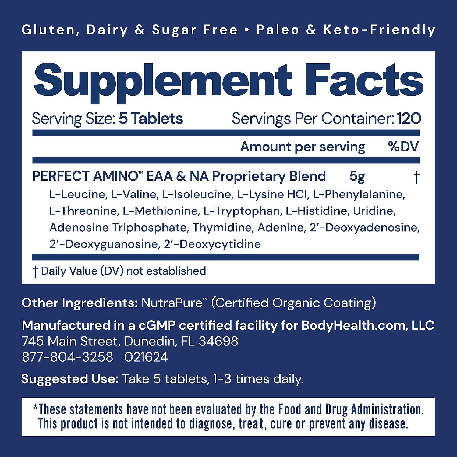 BodyHealth PerfectAmino (600 ct) Easy to Swallow Tablets, Essential Amino Acids Supplement with BCAAs, Vegan Protein for Pre/Post Workout & Muscle Recovery with Lysine, Tryptophan, Leucine, Methionine