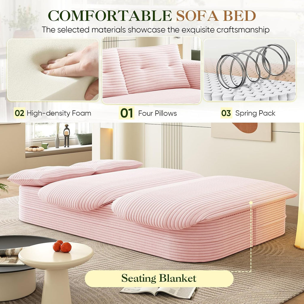 Convertible Sleeper Sofa, Modern 78-inch Folding Futon Corduroy Floor Foam Compression Loveseat Sofa Bed Couch, Foldable Full Size Guest Bed with 2 Pillows for Living Room Bedroom Apartment, Pink