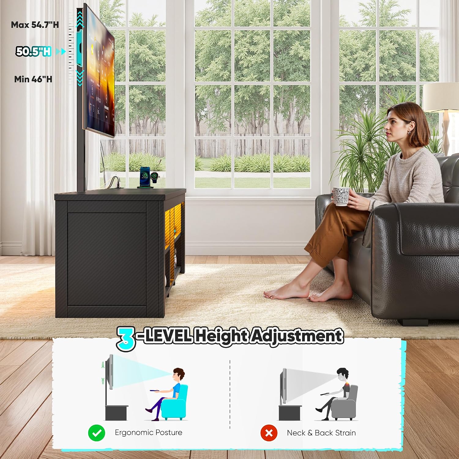 TV Stand with Mount for 55/65 Inch TVs,Wood TV Stands for Living Room with Power Outlet & LED Entertainment Center Gaming Console for Bedroom, Height Adjustable Swivel TV Mount, Carbon Fiber Black