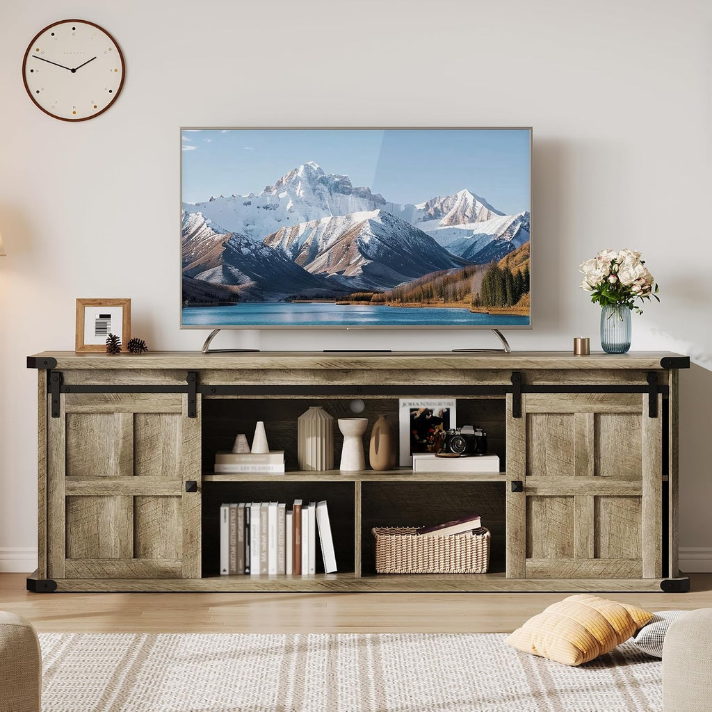 Garvee 70 in TV Stand for 75 in TVs, Farmhouse Entertainment Center and Media Furniture with Sliding Barn Doors & Storage Cabinets, Mid Century Modern TV Console Table for Living Room Bedroom