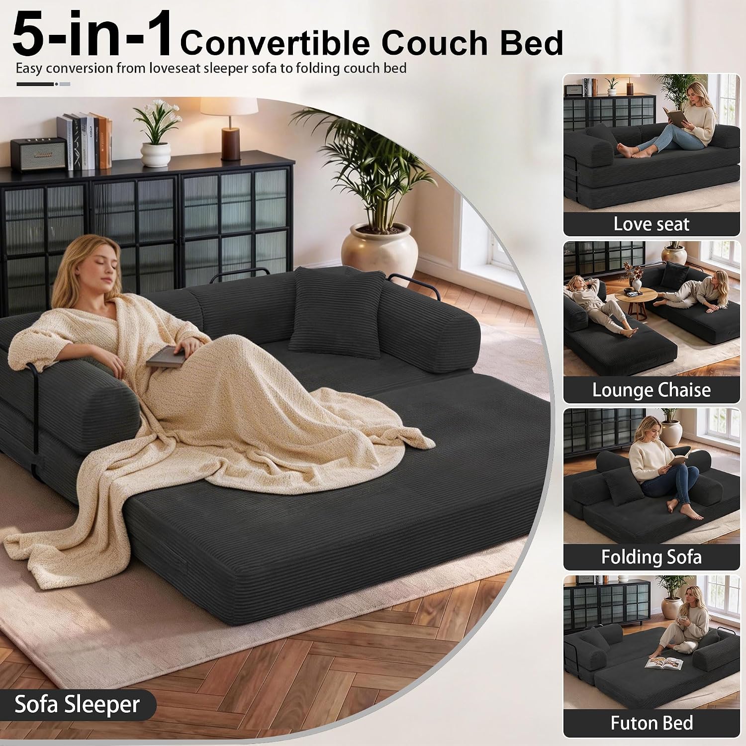 JJJ 78 inch Sofa Bed 4-in-1 Boneless Convertible Corduroy Sleeper Folding Couch with Fixed-Shape Frame and 2 Futons No Assemble Required 3 Seater Upholstered for Living Room (Black, 78 inch)