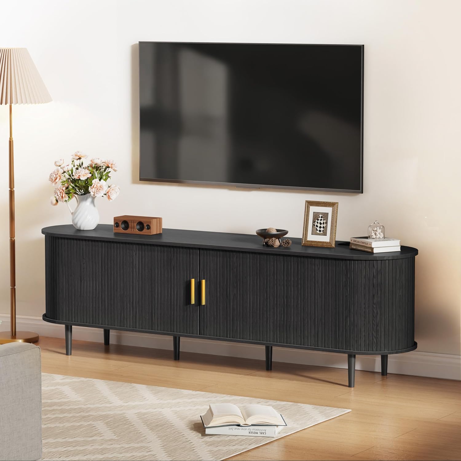 DHH 70.8 Inch Mid Century Modern TV Stand with Power Outlet for TVs up to 80 Inch, Entertainment Center with Storage and Adjustable Shelves, Media Console with Sliding Doors for Living Room, Black