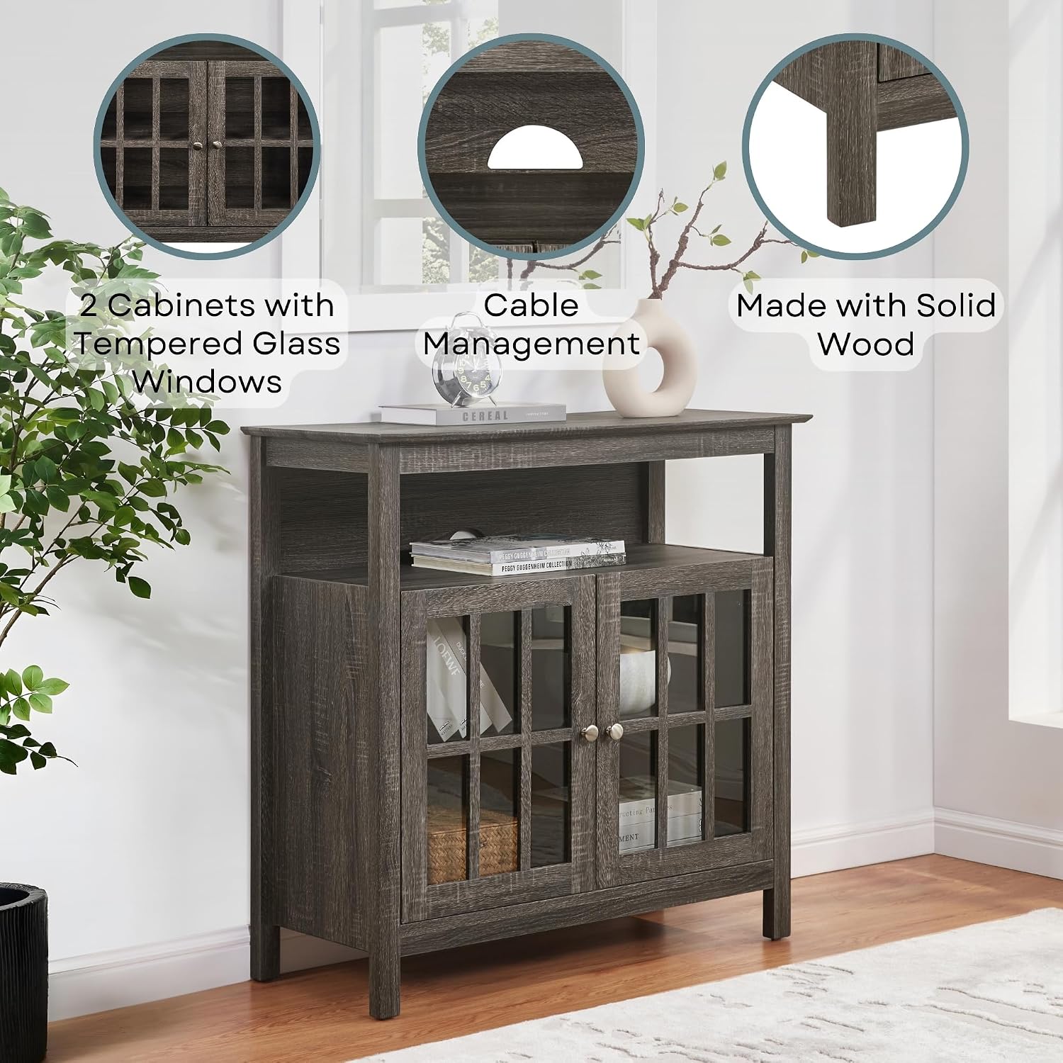 Convenience Concepts Big Sur Highboy TV Stand 36' - Modern Entertainment Center For TVs up to 40', Storage Cabinet for Dining, Living Room, & Entryway, Console Hall Table with Shelves, Weathered Gray