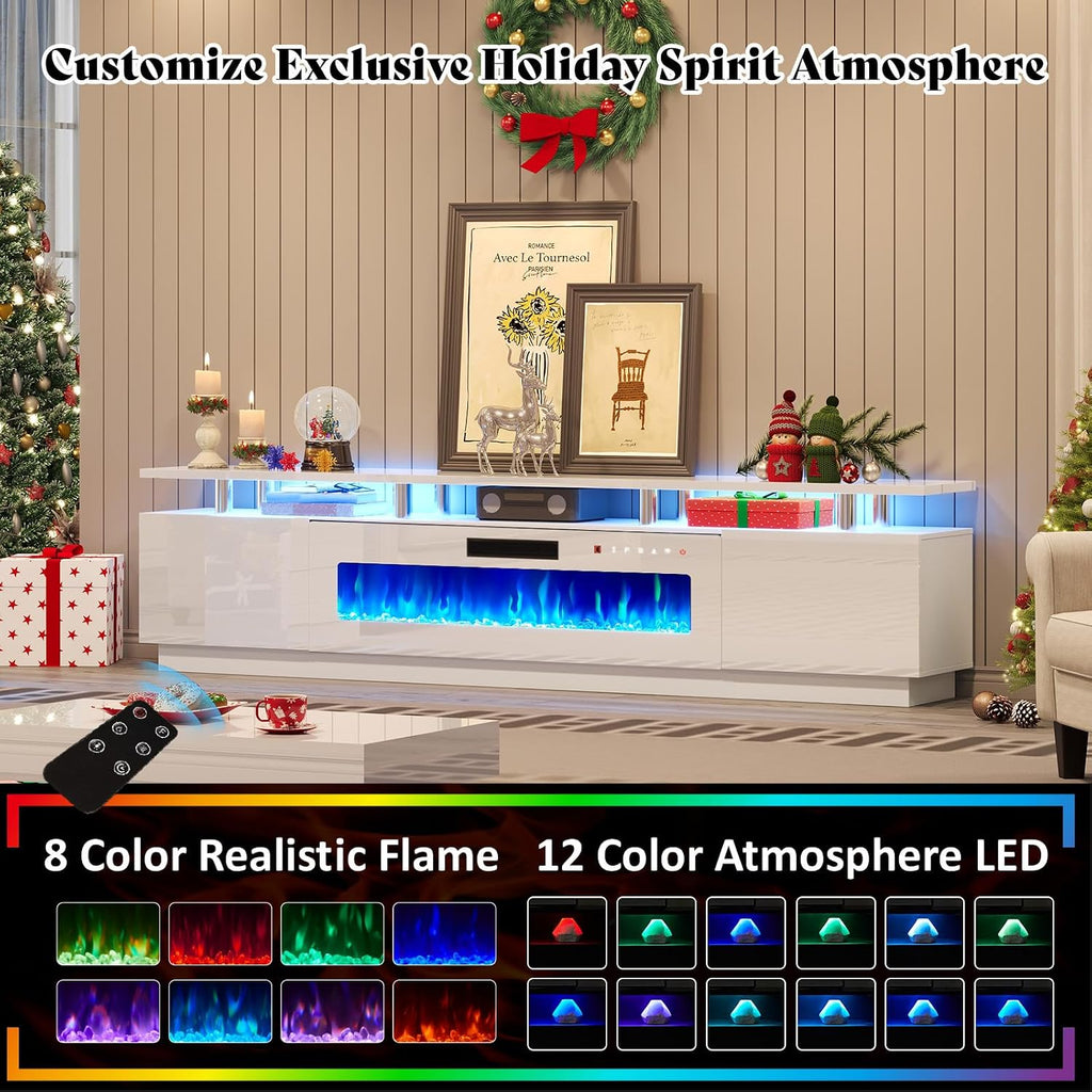 AMERLIFE 90' 2 Tier Fireplace TV Stand with 50' Fireplace, Modern Large Entertainment Center LED Lights, Media Console Table Storage Cabinet for TVs Up to 100', Living Room, White & White