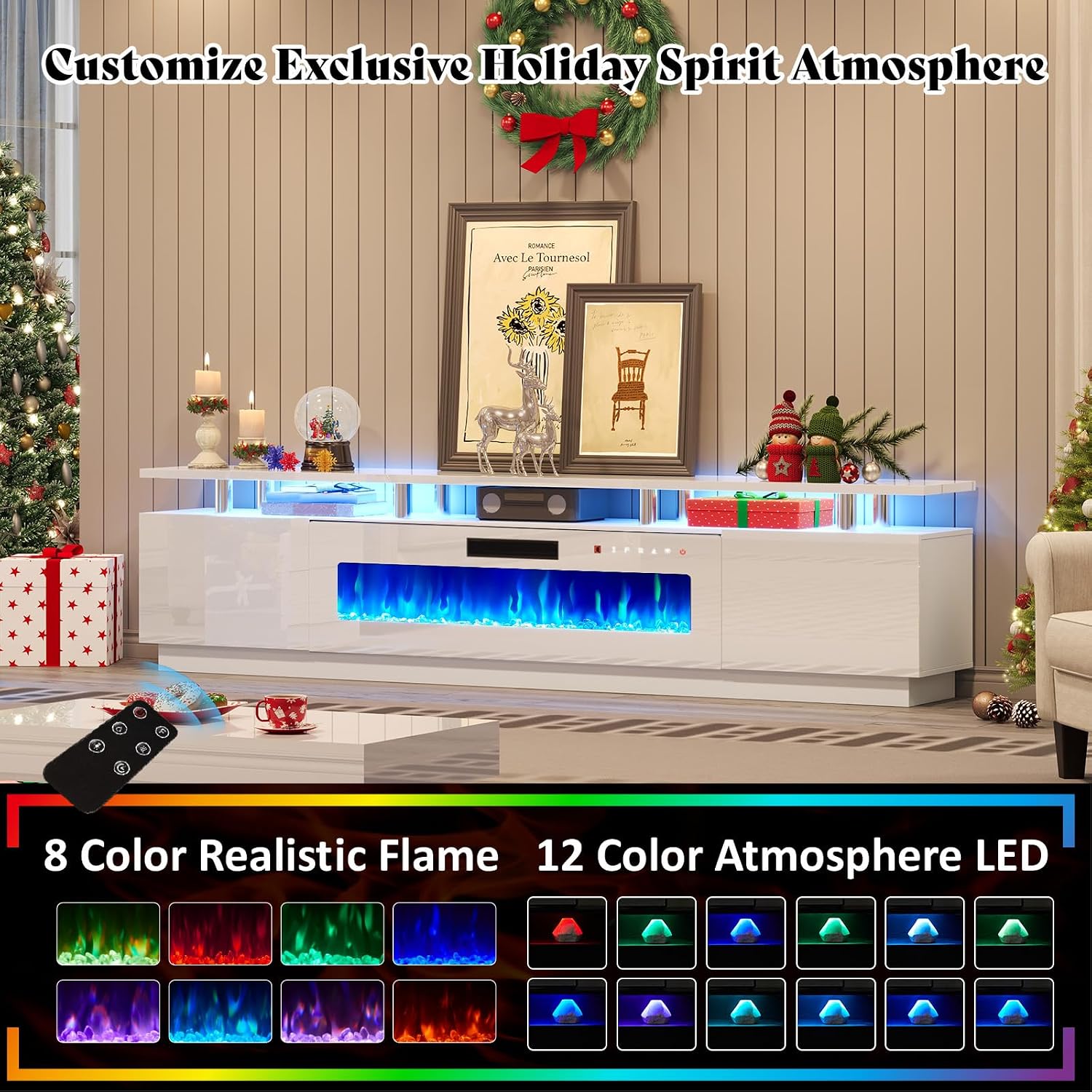 AMERLIFE 90' 2 Tier Fireplace TV Stand with 50' Fireplace, Modern Large Entertainment Center LED Lights, Media Console Table Storage Cabinet for TVs Up to 100', Living Room, White & White