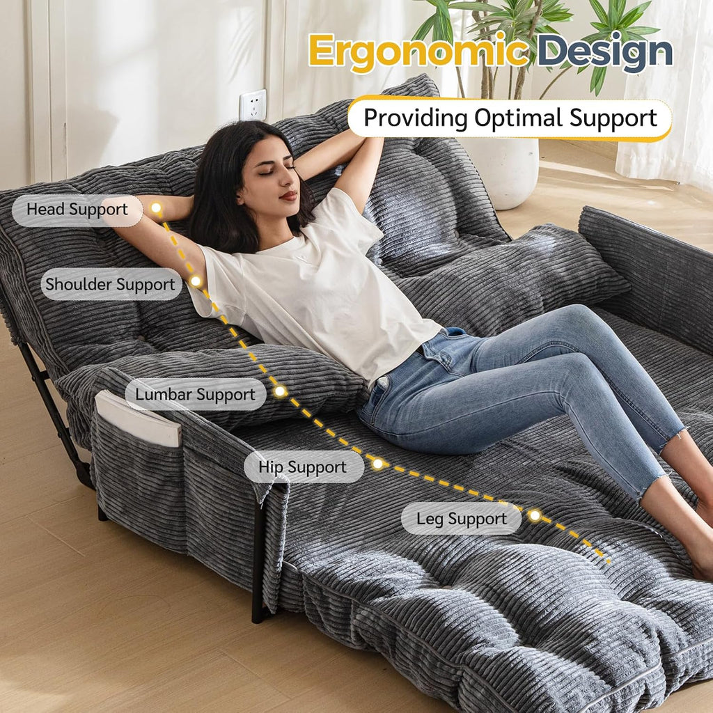 MAXYOYO Adjustable Floor Sofa Couch with 2 Pillows, Multi-Functional Bean Bag Bed, 5-Position Foldable Lazy Sofa Sleeper Bed with Armrest, Versatile Floor Seating for Reading, Dark Grey, Double