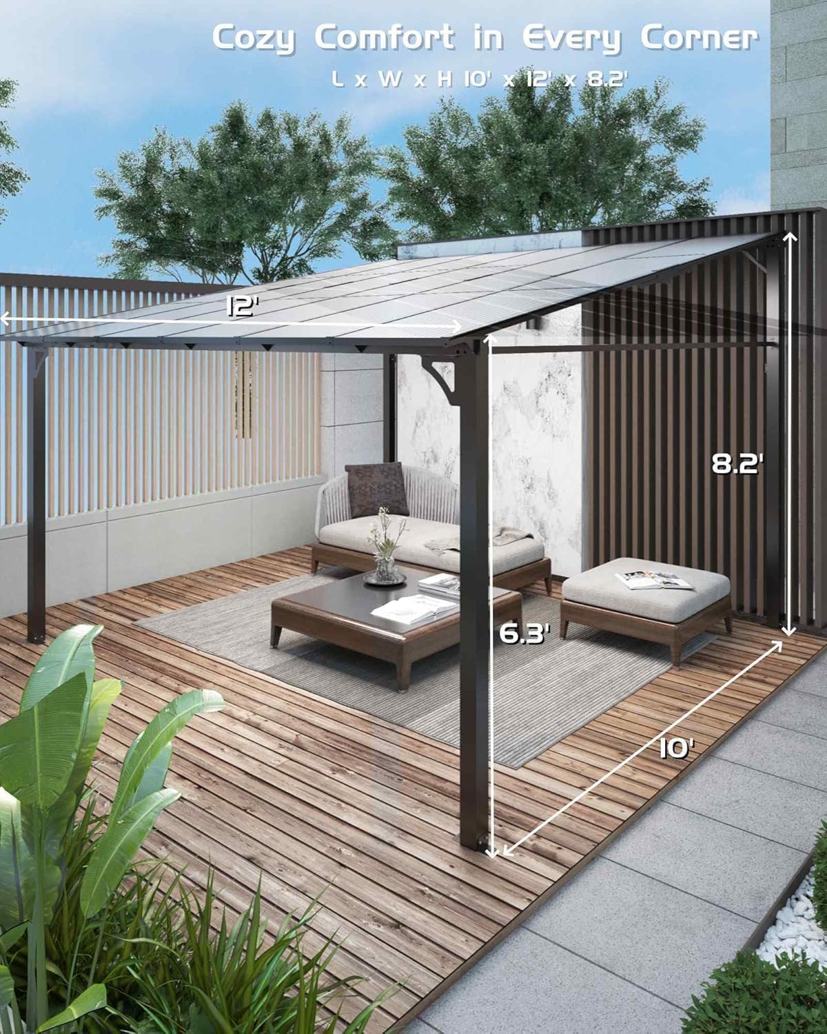 10x12 FT Gazebo for Patio, Wall Mounted Lean to Hardtop Gazebo Pergola with 6Mm Sloped Roof Heavy Duty Awnings for Porch, Decks, Backyard to Shade & Rain