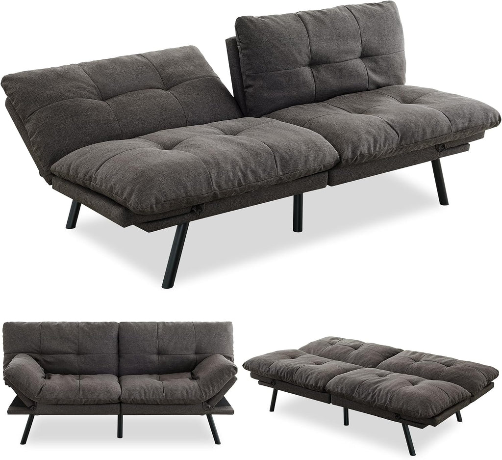 Convertible Futon Sofa Bed,71' Modern Fabric Futon Couch with Adjustable Backrest&Armrest,Small Loveseat Sleeper Sofa,Dorm Futonsofa for Apartment,Living Room,Detachable Cushions,Flint Grey
