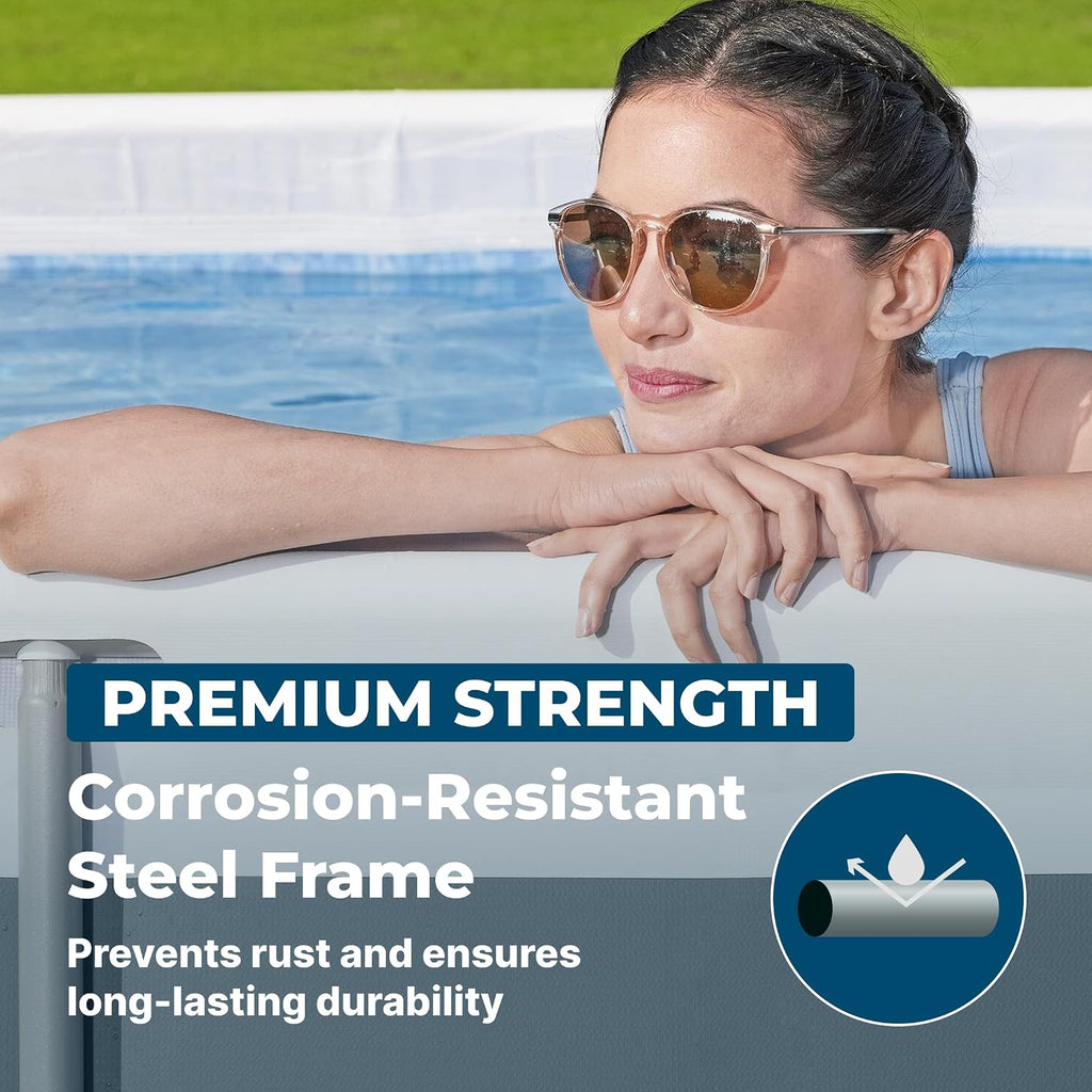 Bestway Power Steel 31'4' x 16' x 52' Above Ground Pool, Rectangular Metal Frame Outdoor Swimming Pool Set with Sand Filter Pump, Ladder, and Cover