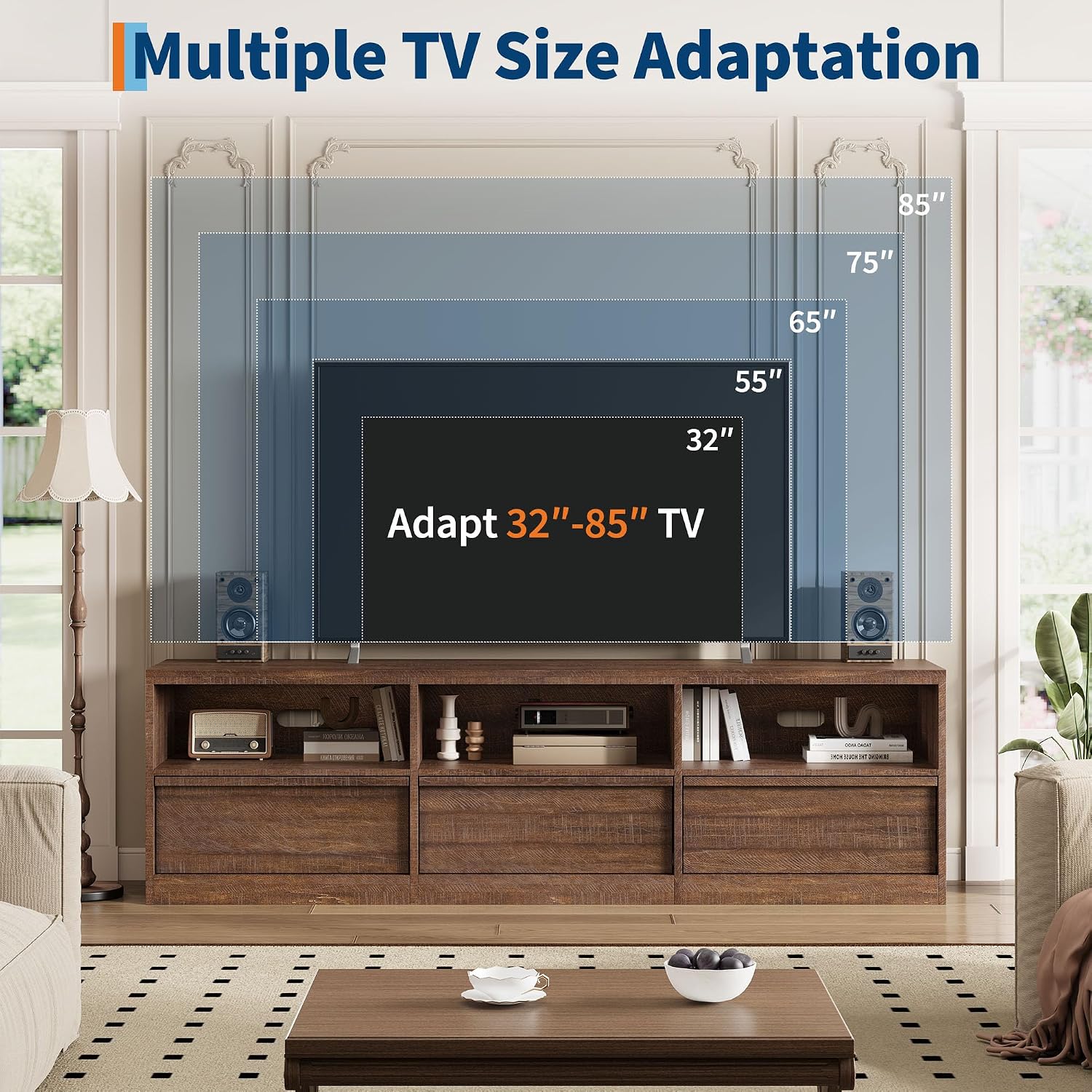 IDEALHOUSE 70 inch TV Stand for 80' TVs, Mid Century Modern Entertainment Center with Storage Drawer & Open Shelves, Wood Media Console Cabinet for Living Room/Bedroom, Vintage