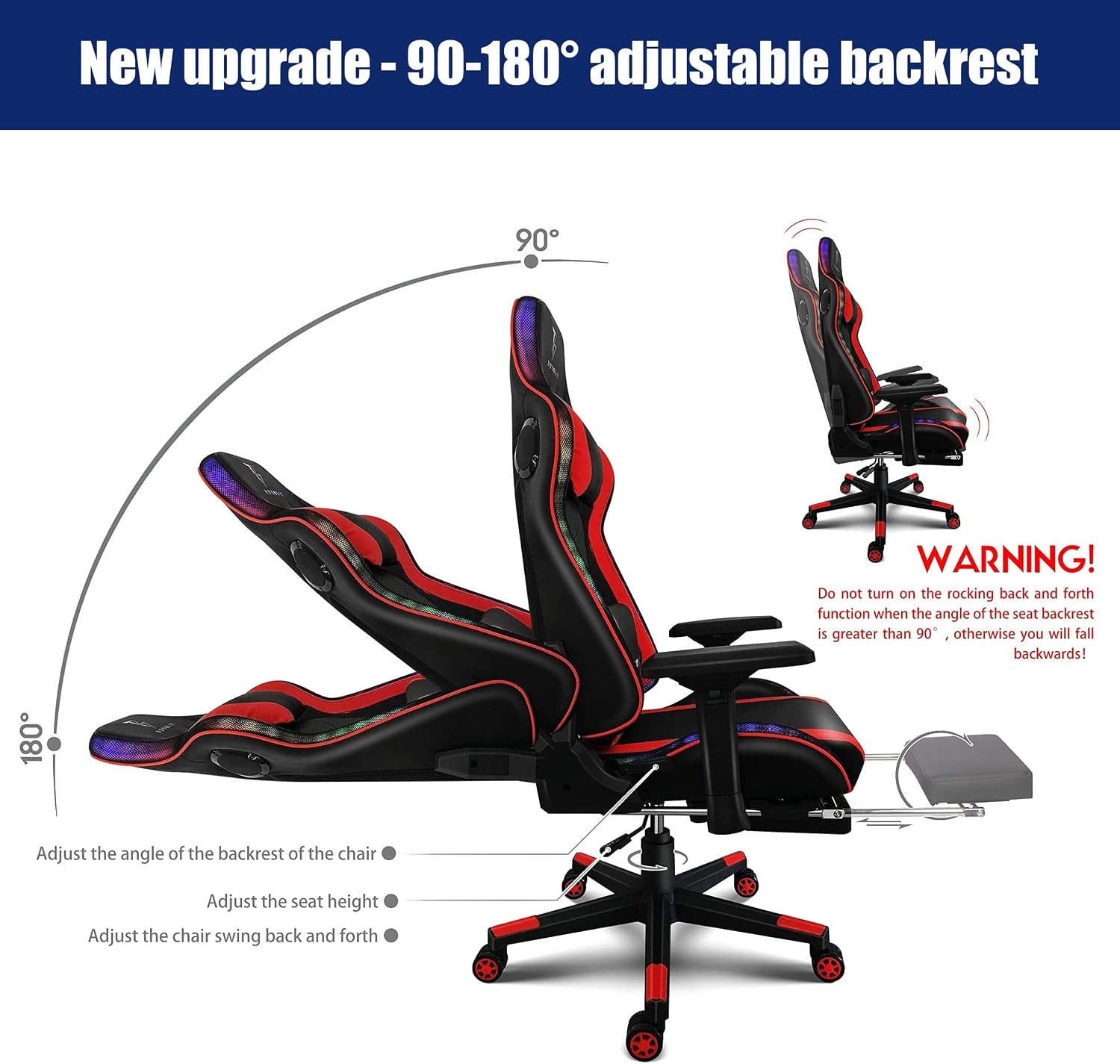Gaming Chair with Footrest,Gaming Chair with RGB Light - 4D Armrest Ergonomic Computer Chair High Back Gamer Chair for Adults 90-180° Adjustable Backres Massage Game Chair with Speakers,Pink