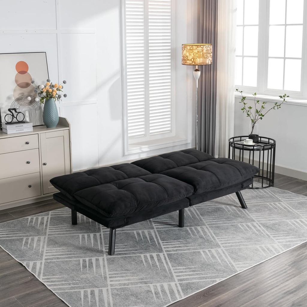 Convertible Futon Sofa Bed for Small Spaces, Modern Multi-Functional Sleeper with Adjustable Backrest, Tufted Brown Fabric Couch for Living Room, Apartment, Dorm (Black)