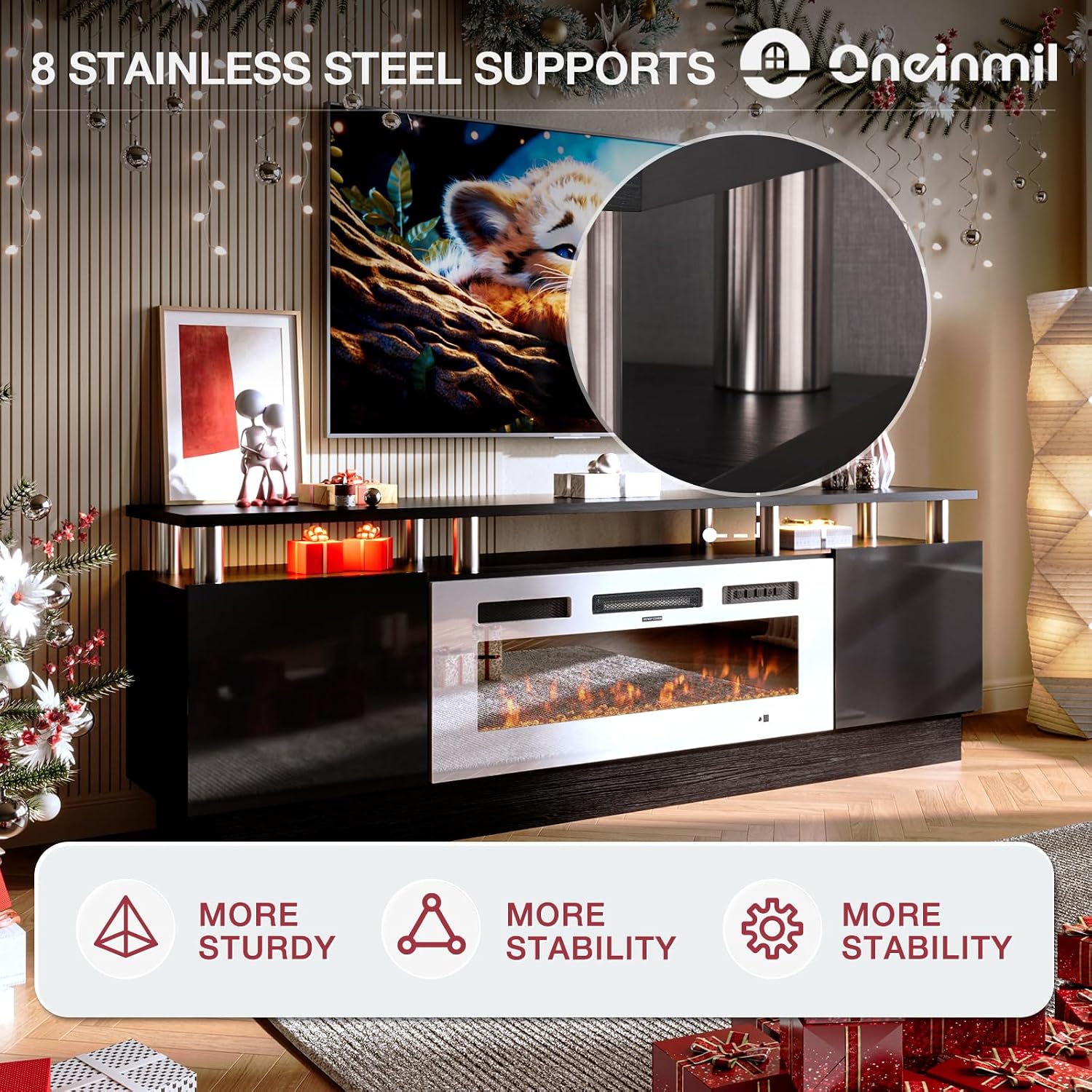 oneinmil Fireplace TV Stand with 36' Electric Fireplace, 70' 2 Tier TV Console Stand for TVs Up to 80', LED Light Entertainment Center, Fireplace for The Living Room TV Stand, Black
