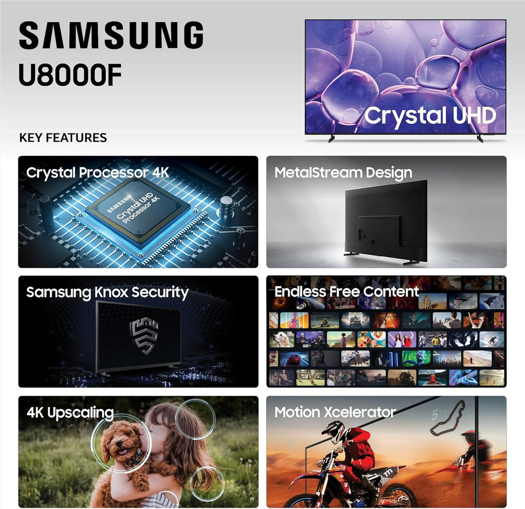 Samsung 43-Inch Class Crystal UHD U8000F 4K Smart TV (2025 Model) Endless Free Content, Crystal Processor 4K, MetalStream Design, Knox Security, Alexa Built-in