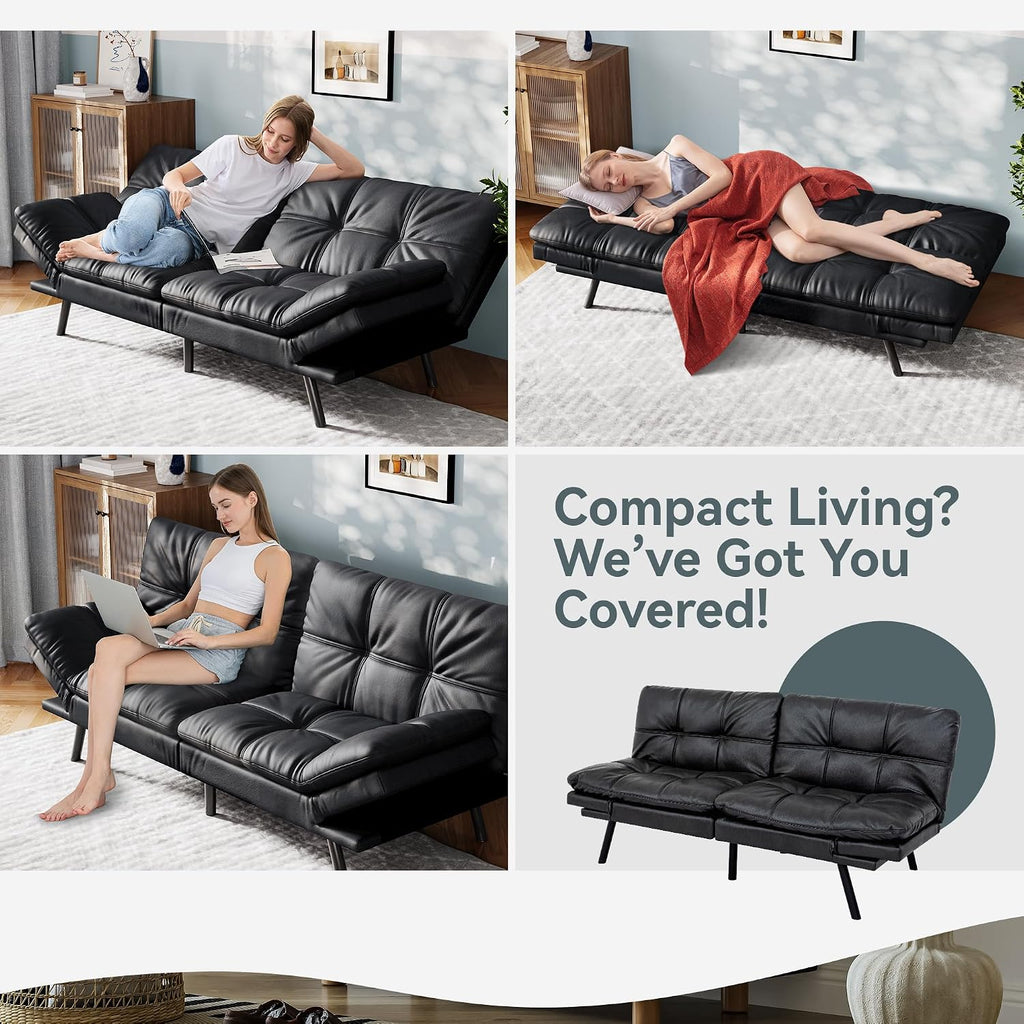Vyfipt Convertible Futon Sofa Bed, Black Faux Leather Futon Couch with Adjustable Backrest & Armrests, Folding Small Recliner Sleeper Sofa Bed for Living Room, Apartment, Office