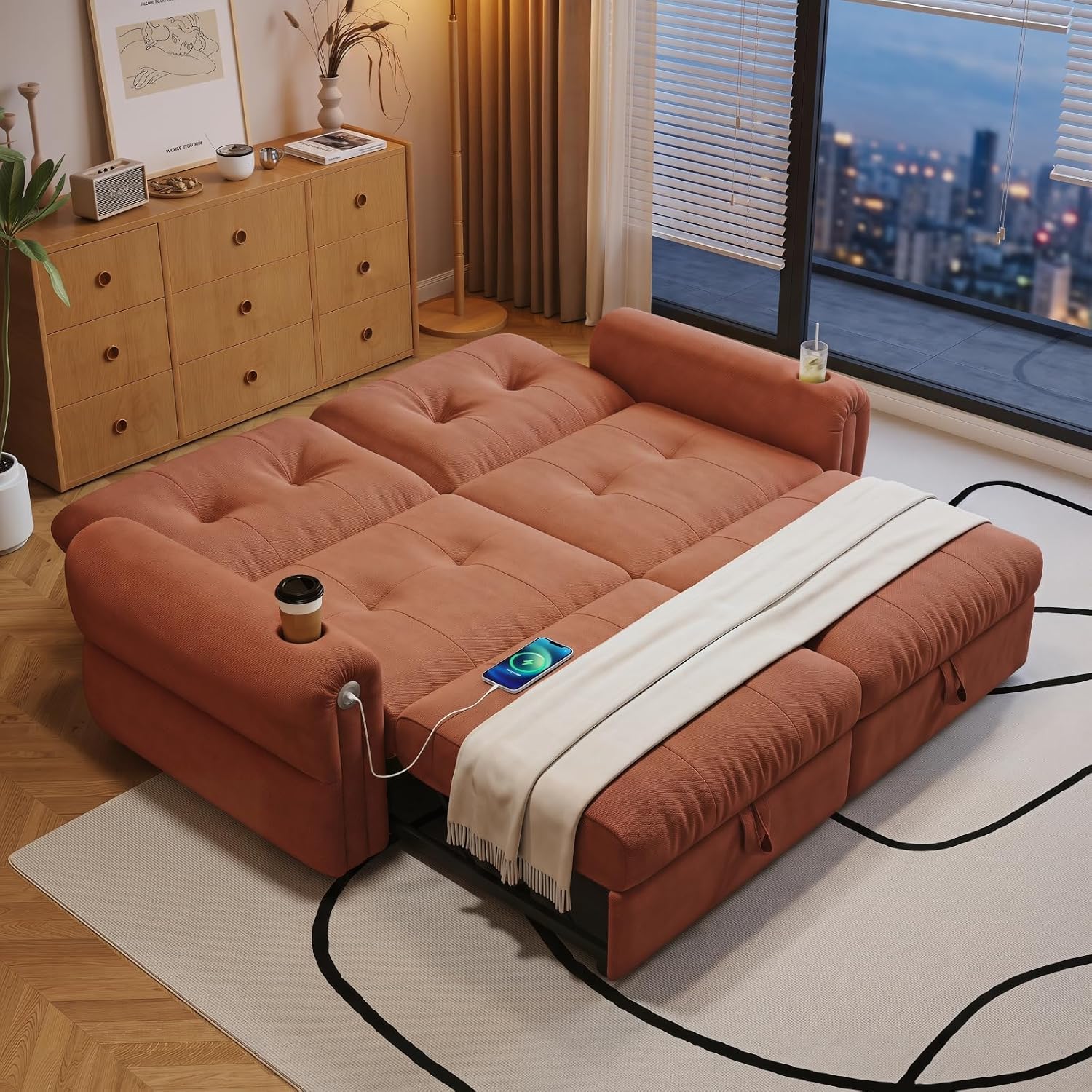 Convertible Couches, Queen Size Pull Out Sofa Bed with USB Charging Port and Cup Holders, Chenille Fabric Convertible Sofa Bed for Small Space, Living Room, Apartment, Guest Room, Orange