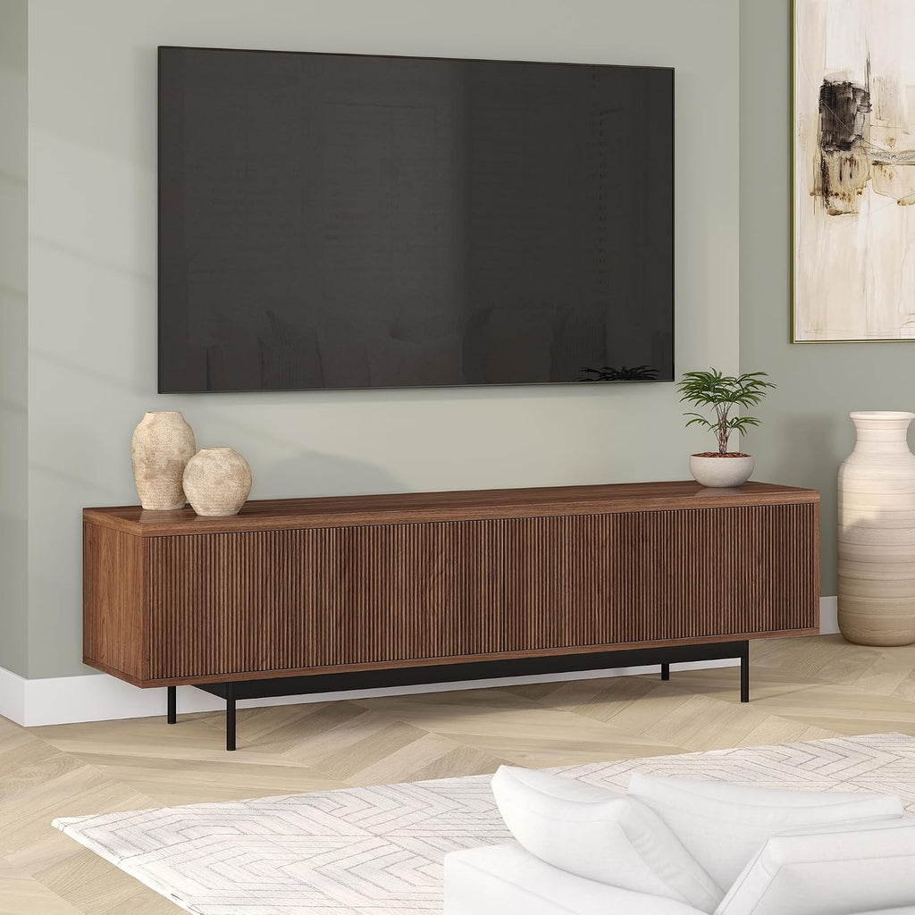 Henn&Hart Fluted TV Stand for TVs up to 75' with 2 Open-Concept Ribbed Storage Cabinets for Living Room, Family Room, or Office, Medium Walnut