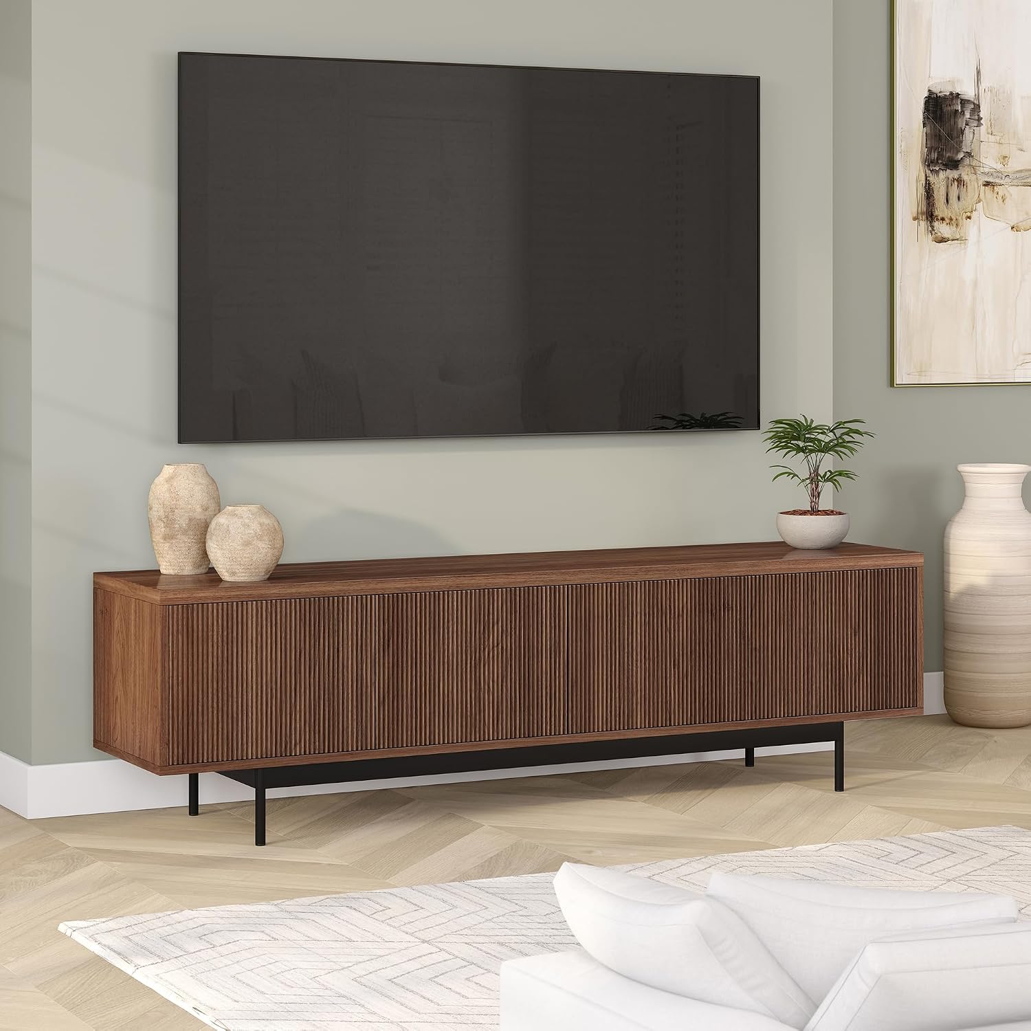 Henn&Hart Fluted TV Stand for TVs up to 75' with 2 Open-Concept Ribbed Storage Cabinets for Living Room, Family Room, or Office, Medium Walnut